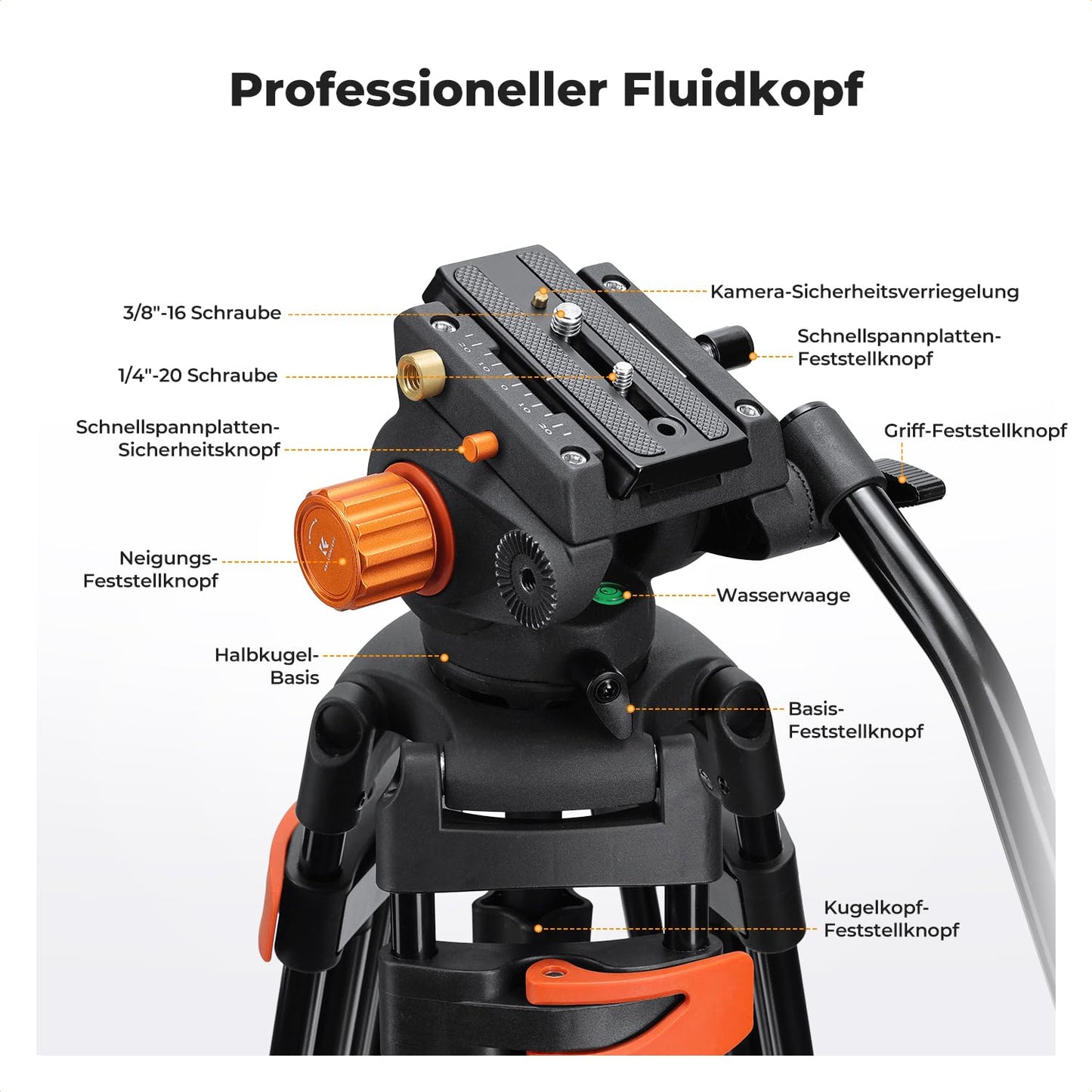 K&F CONCEPT Black-Orange Aluminum 202cm Video Tripod, Heavy Duty Tripod with Fluid Head and Quick Release Plate, Camera Tripod for DSLR, Camcorders, Cameras, Load Capacity 8kg - VA3+BV70