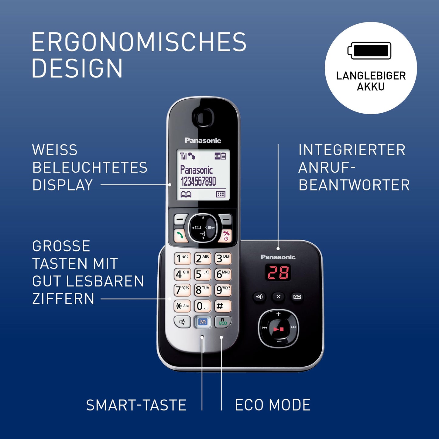 Panasonic KX-TG6821GB DECT cordless telephone with answering machine (low radiation, eco mode, gap telephone, landline, call barring) black
