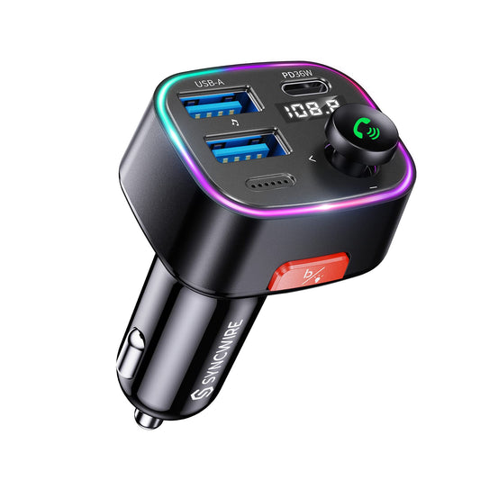 Syncwire FM Transmitter Car Bluetooth 5.4 48W (PD 36W & 12W) Bluetooth Adapter Car with [Light Switch] [HiFi Bass Sound] [Fast Charging] Hands-Free Car Charger Cigarette Lighter - SW-XC725