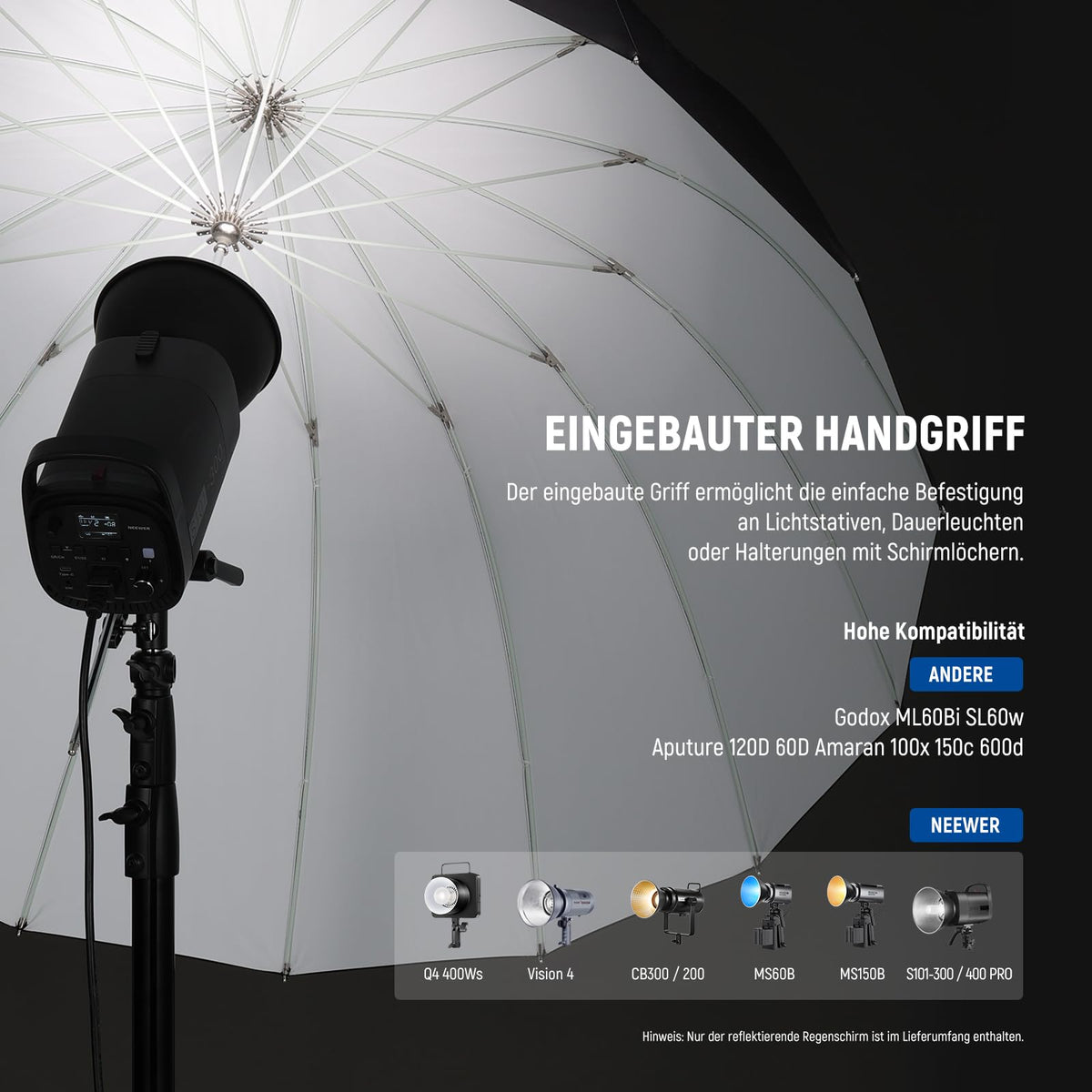 NEEWER Umbrelă parabolică reflexivă de 165cm pentru studiouri foto, cu interior alb, iluminare moale cu capac de difuzie, geantă, ușor de pliat pentru cameră video, NS3U - 10103472