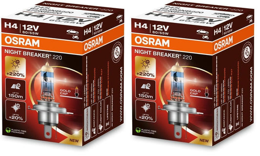 Osram NIGHT BREAKER 220, H4, 220% more brightness, halogen headlight bulb, 64193NB220, folding box (1 bulb) (pack of 2)