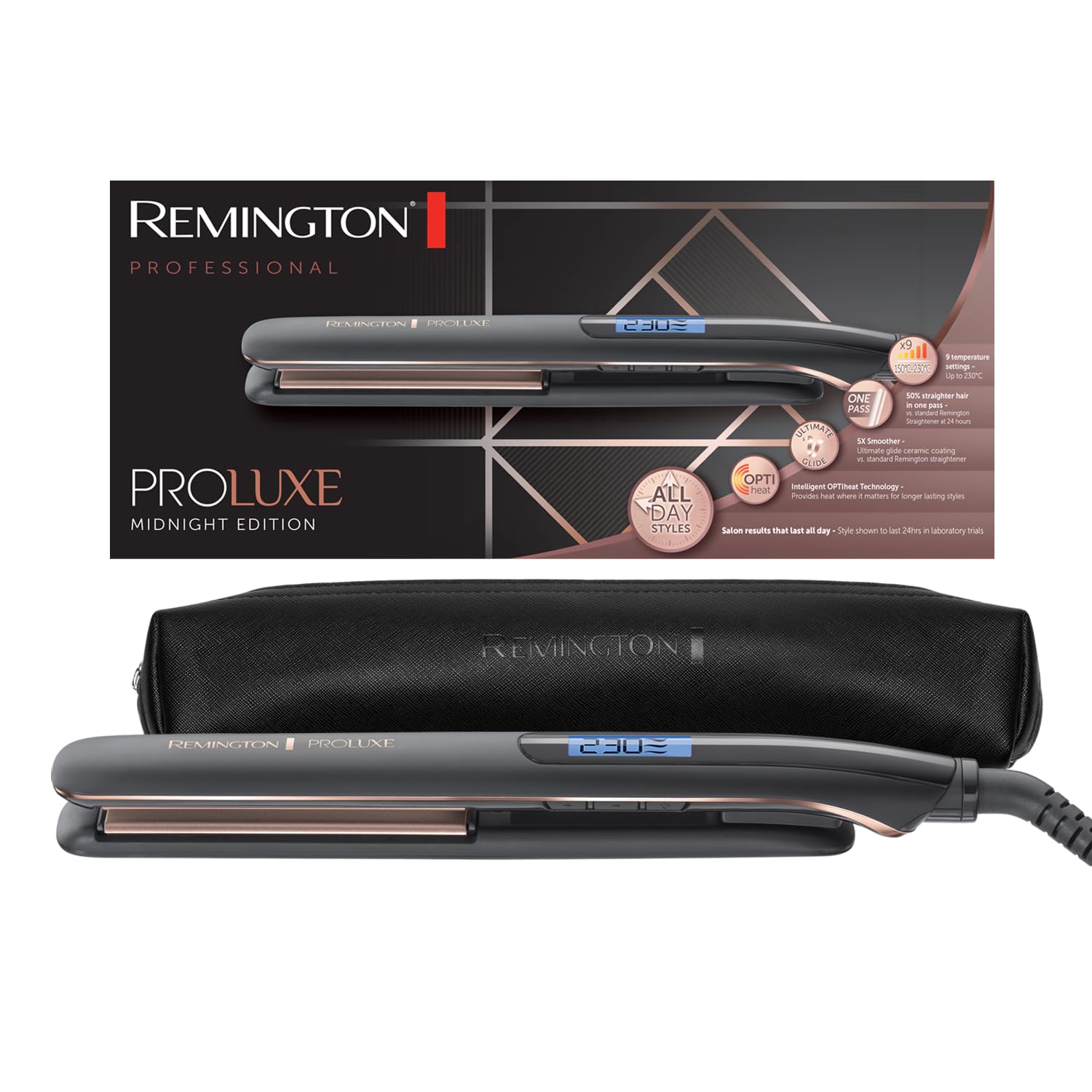 Remington straightening iron [OPTIheat technology for long-lasting styling results] PROluxe Midnight (150-230°C, 110mm long ceramic styling plates, digital display, quick heating) hair straightener S9100B