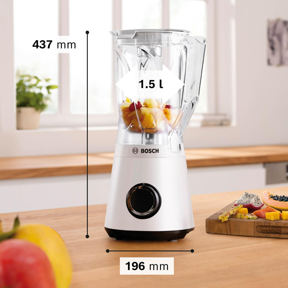 Bosch Stand Mixer Smoothie Maker, 1200 W, 1.5l plastic mixing container, white, dishwasher-safe parts, 30,000 RPM, Made in Europe, VitaPower Series 4 MMB6141W