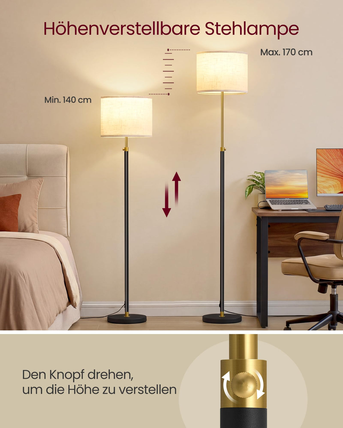 VASAGLE Floor Lamp, adjustable height, 140-170 cm tall, modern design, with foot switch, fabric lampshade, E27 socket, remote control, memory function, gold-black LFL005BD02