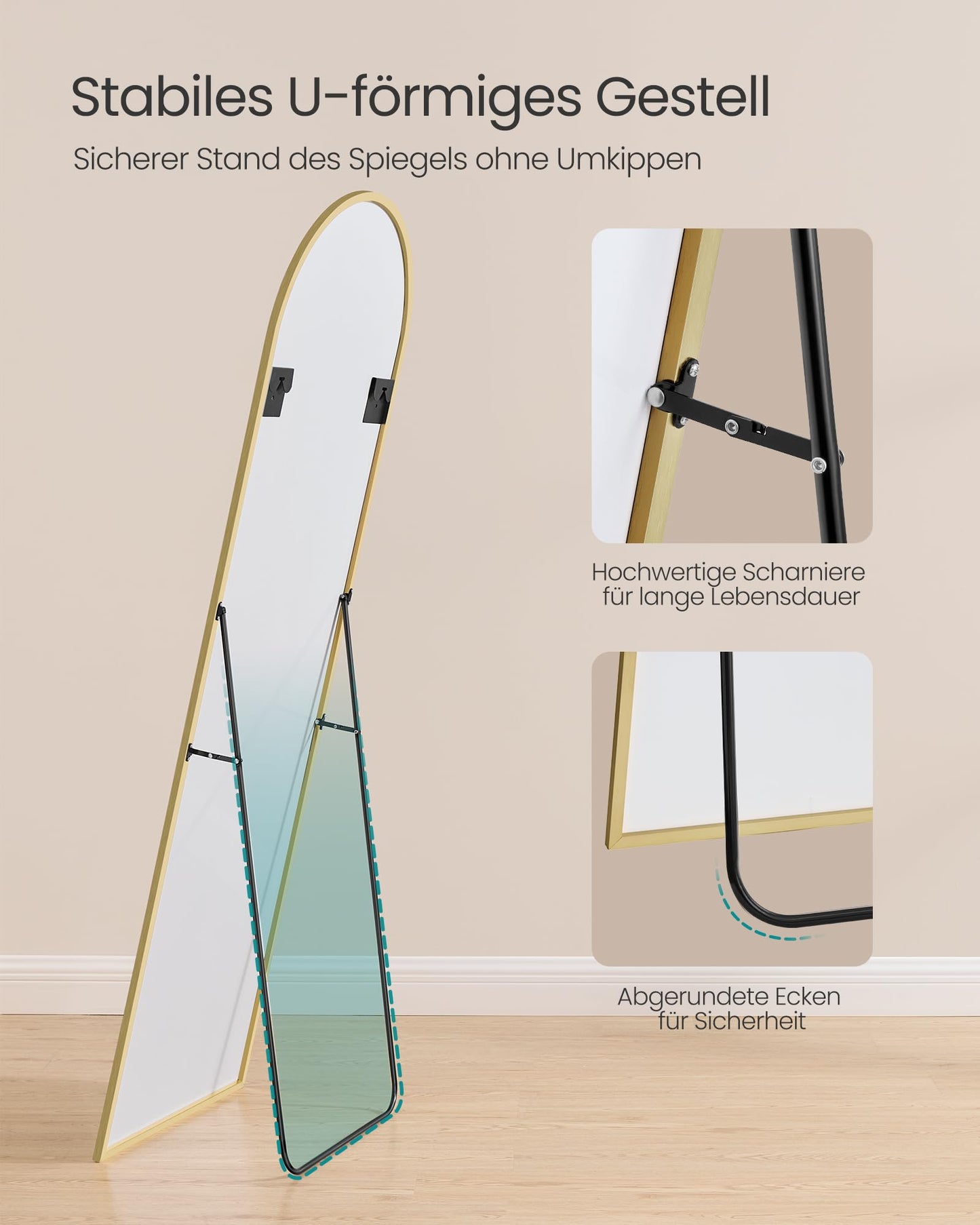 SONGMICS Full Length Mirror 160x50cm Curved Standing Mirror Aluminum Alloy Frame Tempered Glass for Bedroom Living Room Cloakroom Pale Gold LFM031A01 - ULFM031A01