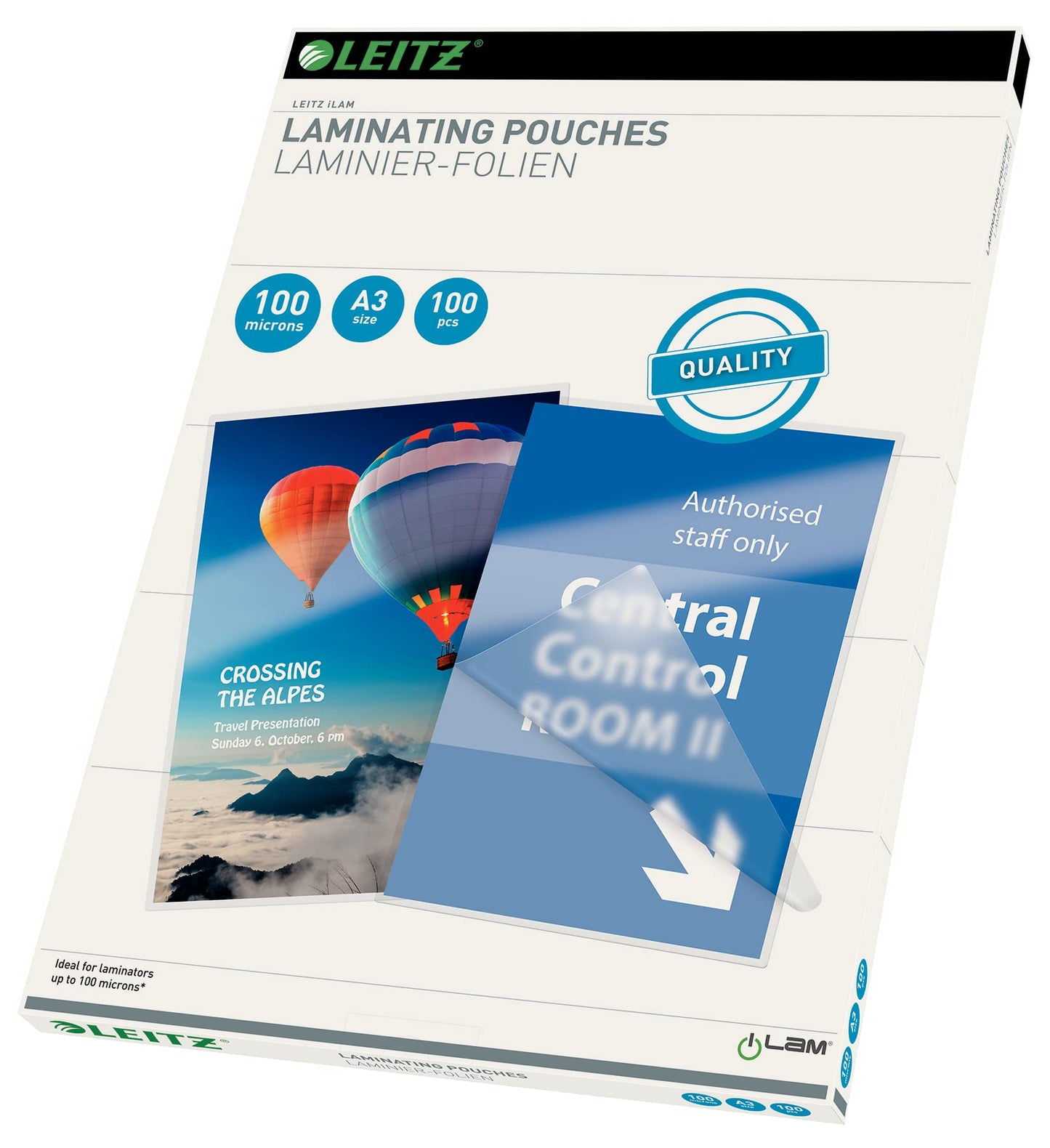 Leitz hot laminating foils A3 100 mic, high-quality laminating foils in a pack of 100, with rounded corners, transparent, glossy, ideal for posters and drawings, 16919 - 16932