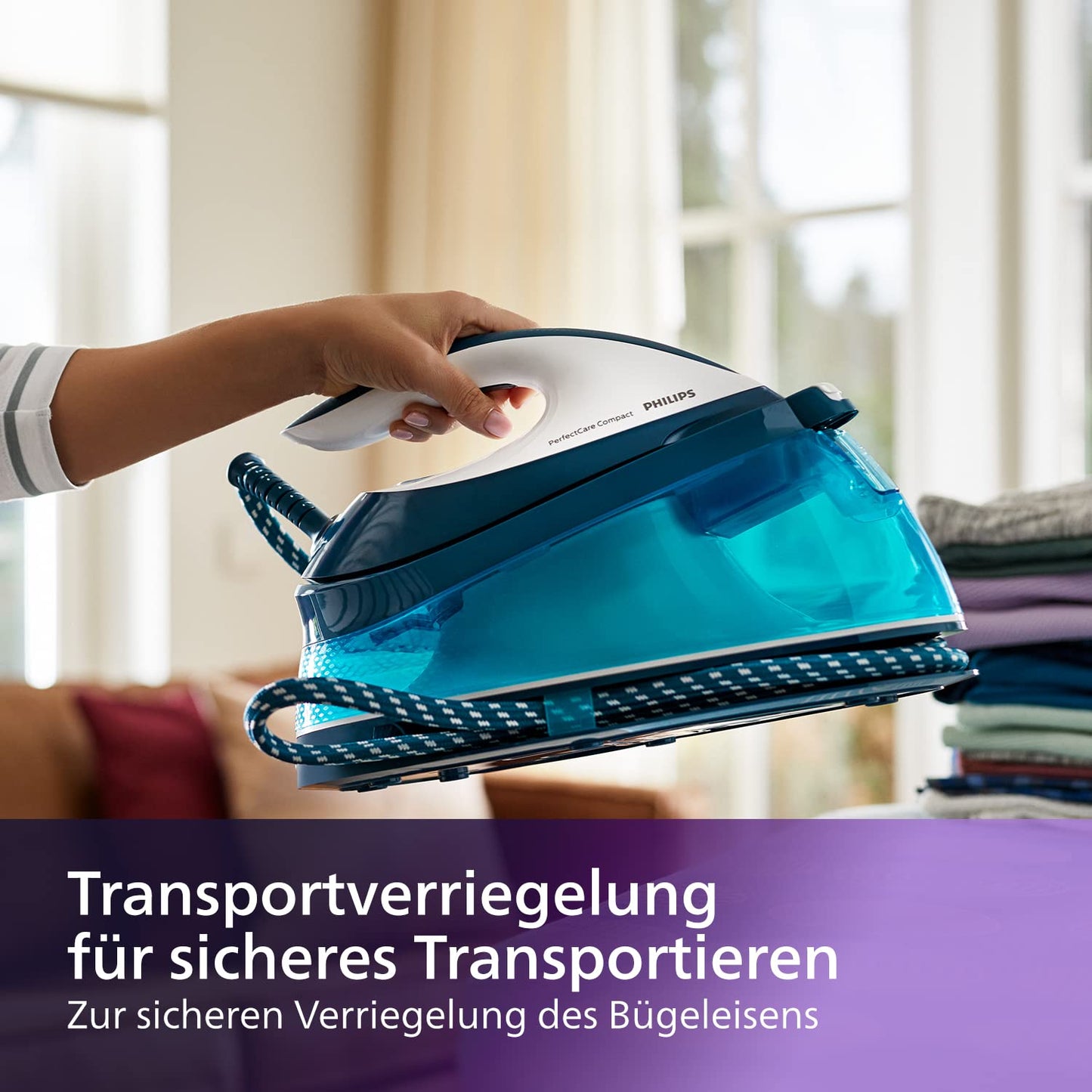 Philips Domestic Appliances Perfect Care Compact steam iron station - OptimalTemp technology, 120 g/min continuous steam, 2400 watts, 6.5 bar pressure, 1.5 L water tank, SteamGlide soleplate, blue (GC7844/20)