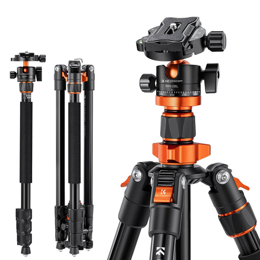 Trepied K&F Concept 200 cm, trepied din aluminiu pentru cameră, trepied K234A7(S210) cu funcție de monopied, cap sferic 360° incl. placă cu eliberare rapidă pentru Canon Nikon Sony Olympus - O234A7+BH-28L