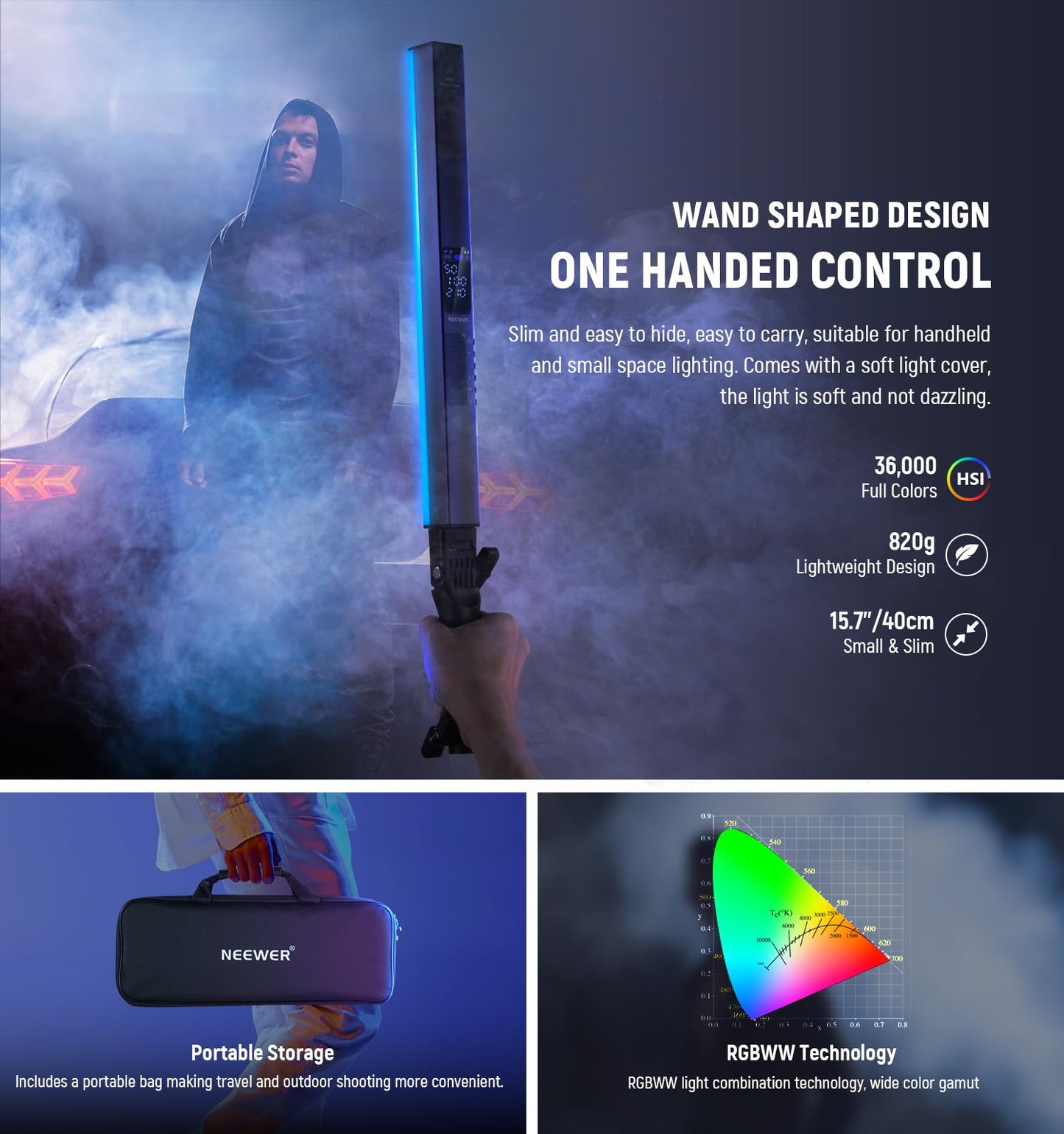 NEEWER RGB2 LED video light light stick with metal barn door handle touch bar/APP/2.4G control rechargeable magnetic RGB video light, 2500K-10000K CRI98+ dimmable photo lighting 18 scenes