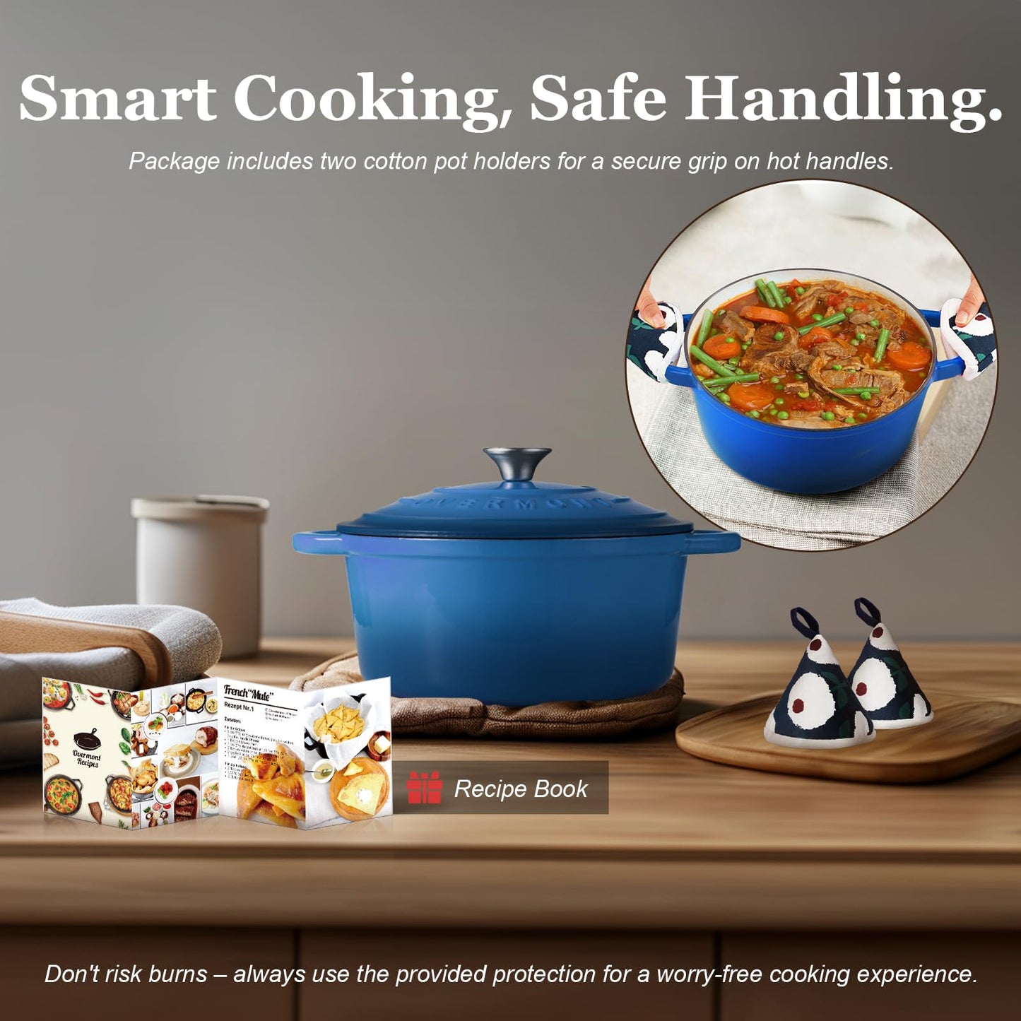 Overmont roasting pan enamel cast iron pot - casserole dish 24cm oven-safe - with lid and cookbook - for kitchen baking stewing roasting blue - Enamelled