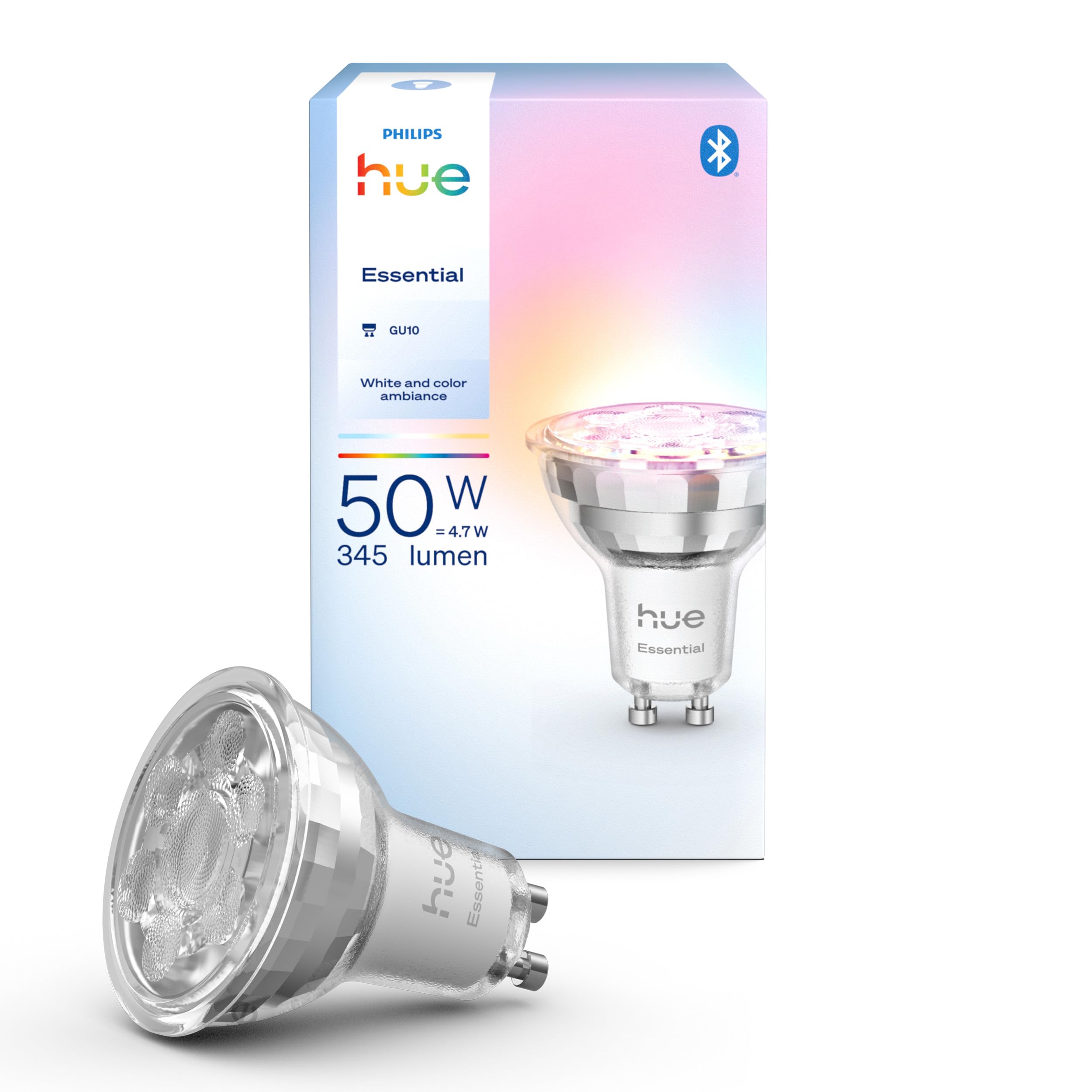 Philips Hue Essential Smart LED GU10 Spotlight, white and colored, 2200K-6500K, 345 lumen energy-saving lamp, dimmable, LED bulb compatible with Alexa, Google Assistant, and Apple Home, pack of 1 - 929004235701