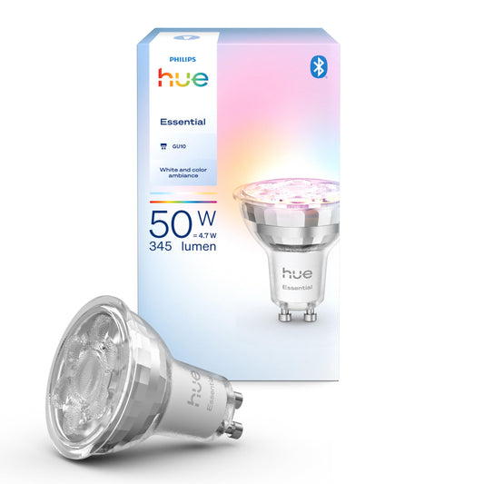 Philips Hue Essential Smart LED GU10 Spotlight, white and colored, 2200K-6500K, 345 lumen energy-saving lamp, dimmable, LED bulb compatible with Alexa, Google Assistant, and Apple Home, pack of 1 - 929004235701