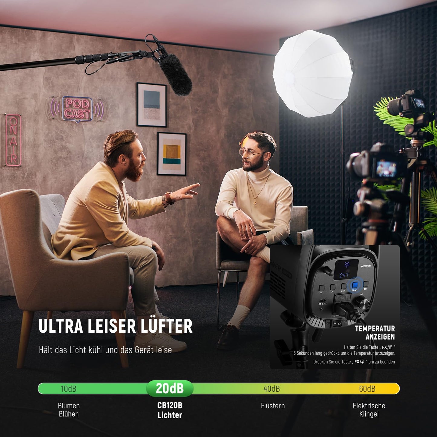 NEEWER CB120B 120W LED video light with 2.4G APP control, COB, two-tone, 2700K - 6500K, 78000 lux at 1m/CCT mode/CRI97/12 scenes/Bowens mount, continuous light for studio photography/video recordings - 10104632