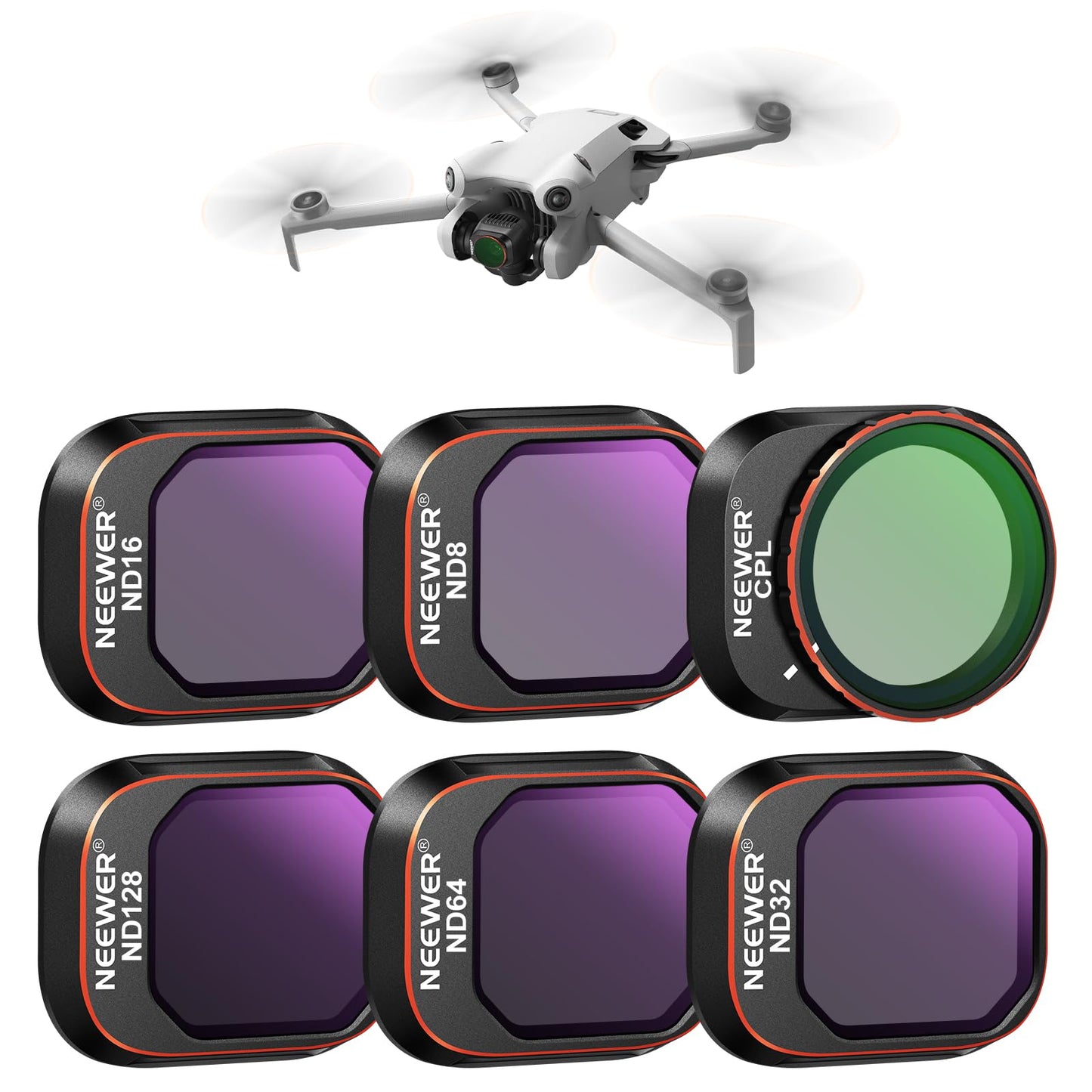 NEEWER ND&CPL clip-on filter set compatible with DJI Mini 4 Pro, 6 pieces polarizing filters and gray filters ND8 ND16 ND32 ND64 ND128 with ultra-thin frame drone lens accessories, coated HD glass - 10104292