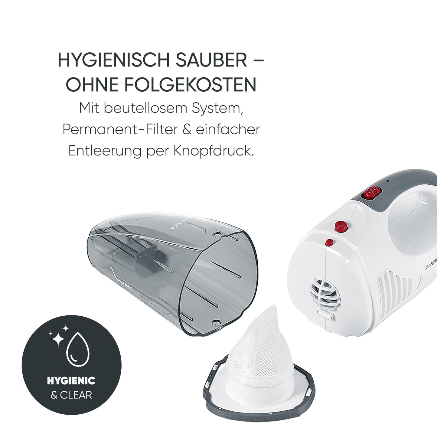 SEVERIN 3-in-1 cordless handheld vacuum cleaner S'POWER home & car, wireless wet & dry vacuum cleaner with 7.4V Li-ion battery, car vacuum cleaner including 12V charging cable, white/red, HV 7144