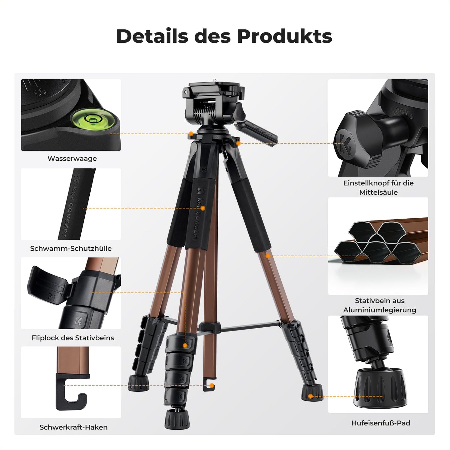 K&F CONCEPT Camera tripod S255A3+BV01, lightweight tripod with bag, 190 cm mobile phone tripod, tripod for Canon Nikon Sony camera/DSLR/camcorder, tripod for smartphone, travel tripod with mobile phone tablet holder (gold) - KF09.156