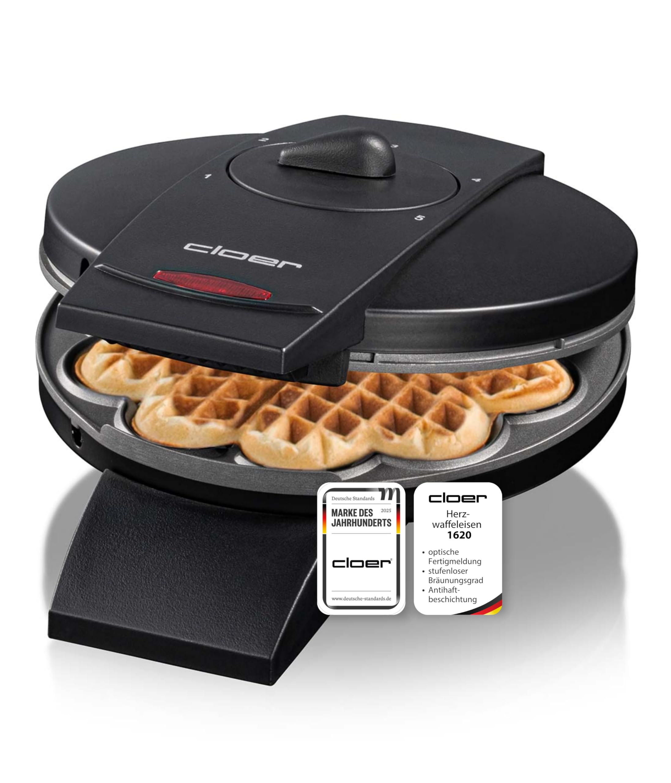 Aparat de făcut vafe Cloer 1620 pentru vafe clasice în formă de inimă, 930 W, dimensiune vafă 15,5 cm, nivel de rumenire selectabil continuu, negru