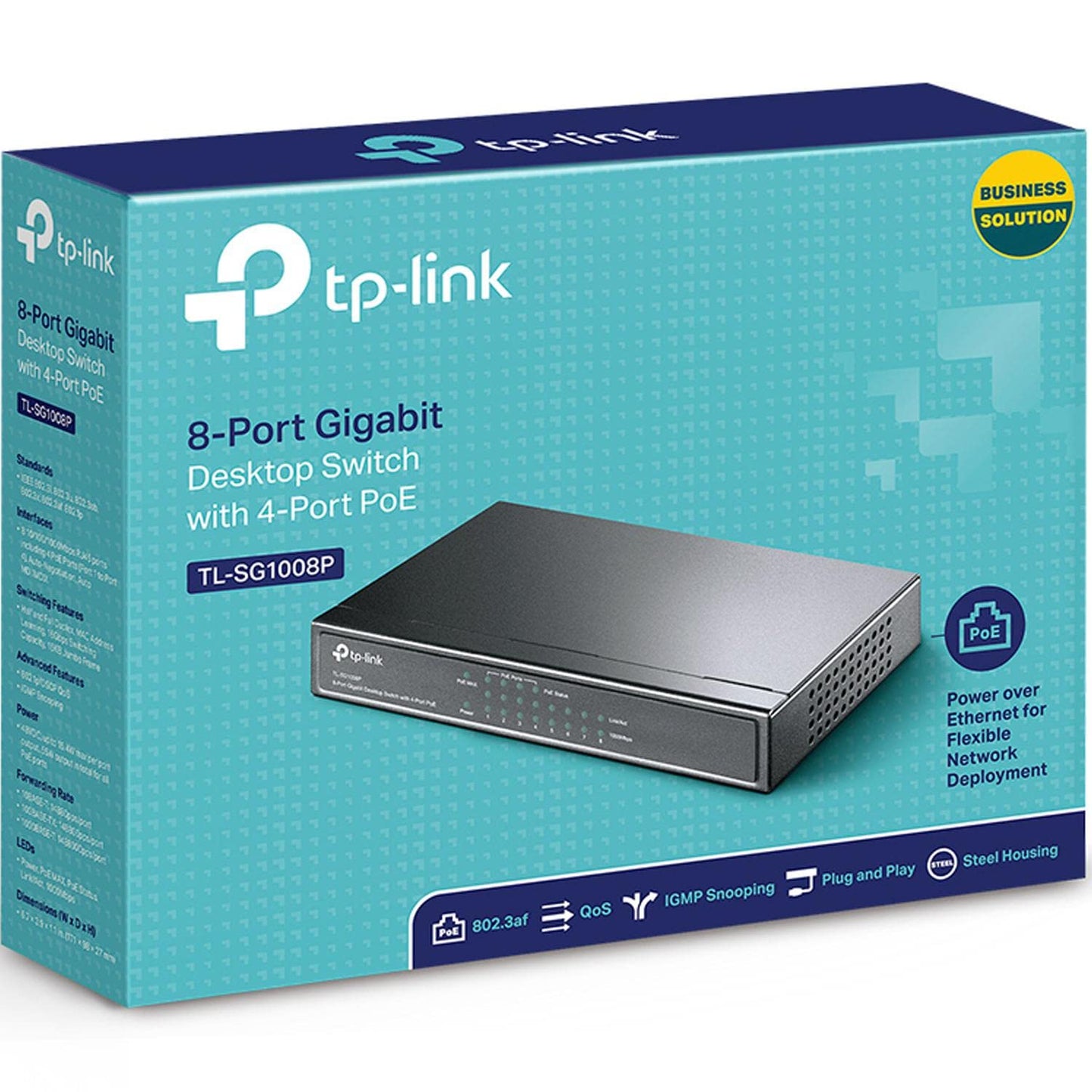 TP-Link TL-SG1008P 8 port PoE switch with 4 PoE+ ports (64 watts, IEEE-802.3af/at PoE, fanless, plug-and-play, robust metal housing) black