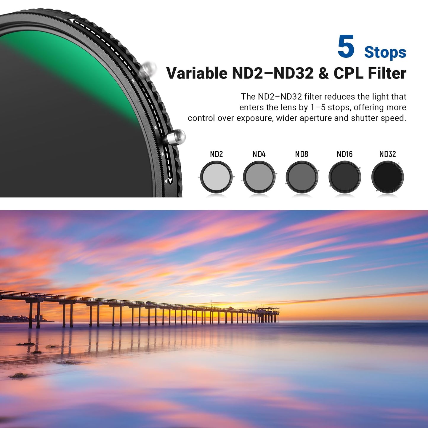 NEEWER 2 in 1 43mm Variable ND Filter ND2-ND32&CPL (Circular Polarizing Filter) No X Cross Variable Gray Filter HD Optical Glass 30 Layer Nano Coated Water-Repellent Scratch-Resistant - 10102082