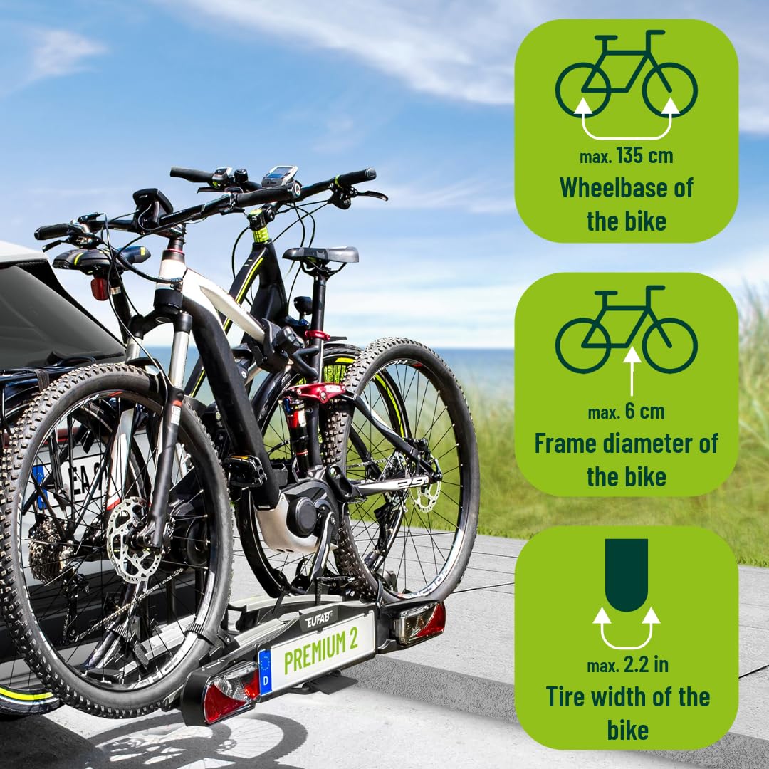 EUFAB 11521 bicycle carrier PREMIUM 2, suitable for e-bikes, completely pre-assembled, anti-theft protection, for 2 bicycles, for trailer hitch, black, silver