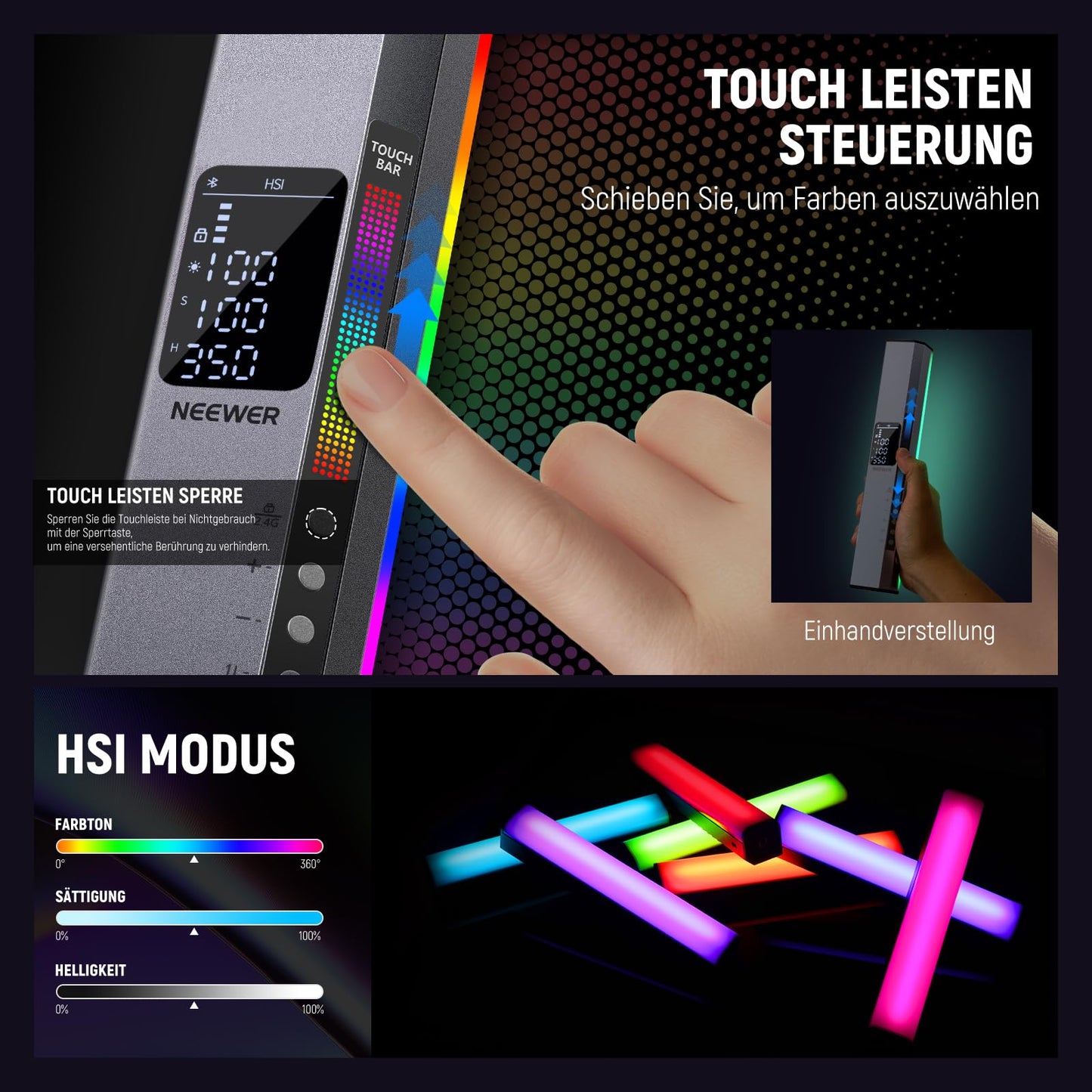 NEEWER RGB1 LED video light light stick with metal barndoor, touch bar/APP control, magnetic light stick RGB video light, 3200K-5600K CRI98+ dimmable handheld light stick with 6400mAh battery, 17 scenes