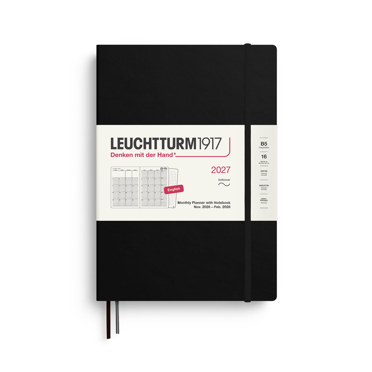 LEUCHTTURM1917 planificator lunar cu caiet 2027 Compoziție (B5) - engleză, negru, copertă moale, 16 luni (01.11.2026-28.02.2028), 132 pagini de note punctate cu cuprins - 400337
