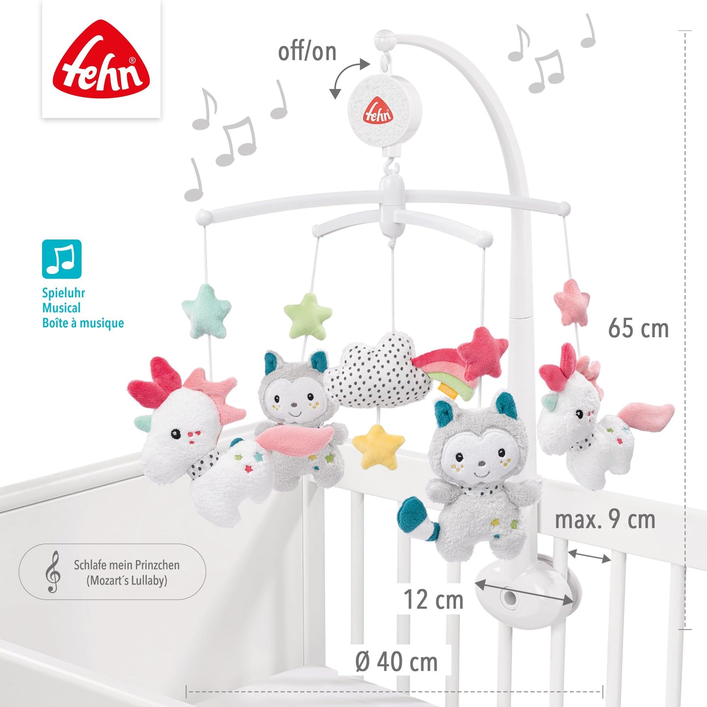 Fehn Music Mobile Aiko & Yuki - Baby Sleep Aid Musical Toy with Cute Animals, Baby Mobile Music Box Melody "Mozart's Lullaby" - Music Mobile Baby Bed Accessories Toy for Babies from 0-5 Months - 057027