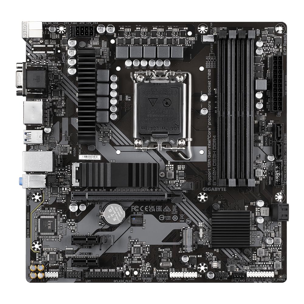 Placa de bază GIGABYTE B760M DS3H DDR4 - Suportă procesoare Intel Core de generația a 14-a, VRM digital cu 6+2+1 faze, până la 5333MHz DDR4 (OC), 2xPCIe 4.0 M.2, LAN 2.5GbE, USB 3.2 Gen2