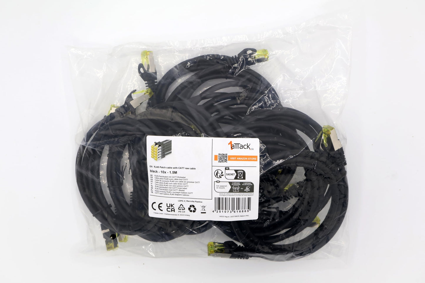 1aTTack.de Cat.7 network cable 1.5m black pack of 10 Cat7 Ethernet cable network LAN cable raw cable 10 Gb s SFTP PIMF LSZH set patch cable with Rj 45 plug Cat.6a - 4251073616865