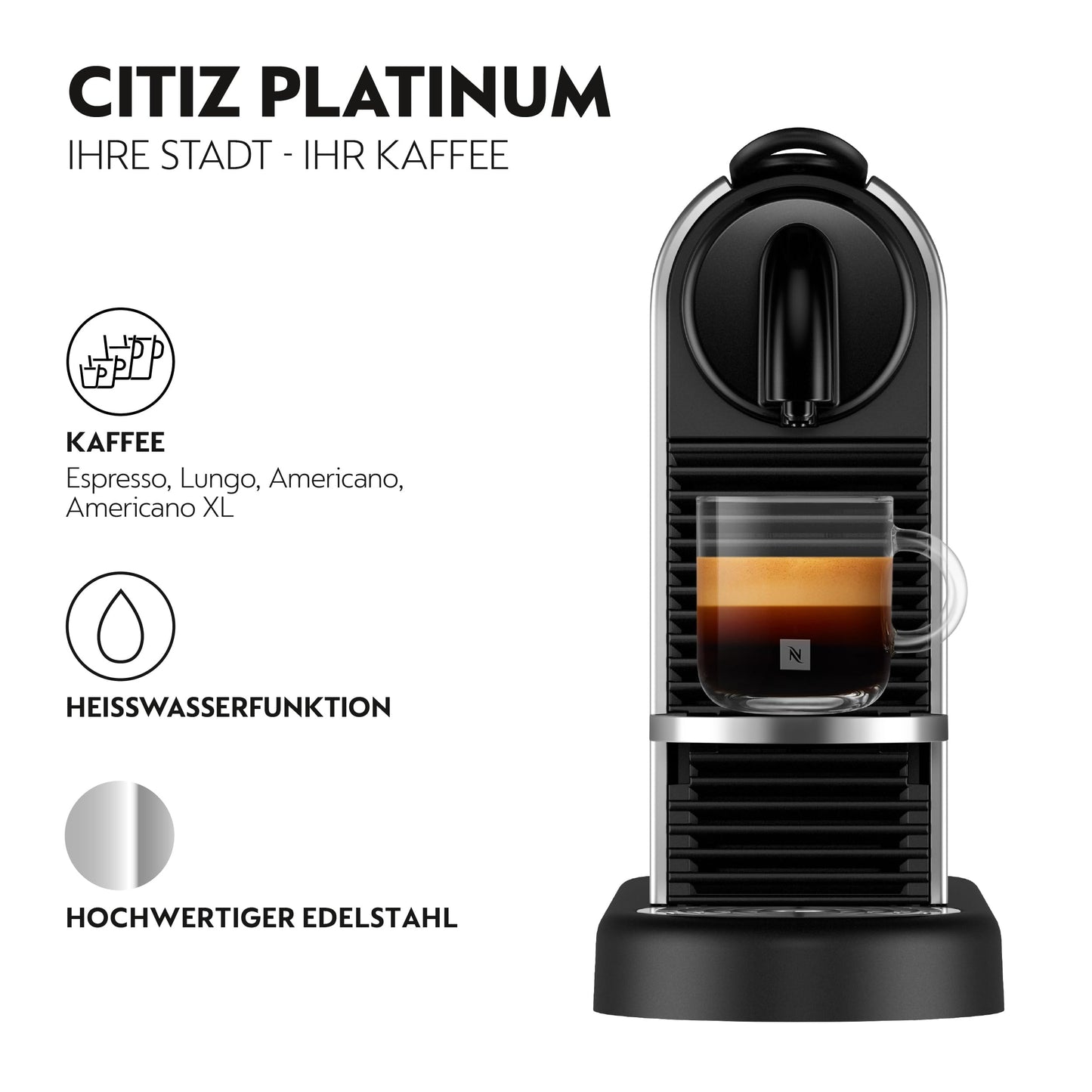 NESPRESSO DE’LONGHI CitiZ Platinum Titan Original Capsule Machine | 4 cup sizes | Hot water function for Americano | automatic shutdown | 19 bar pressure | Coffee machine EN220.T