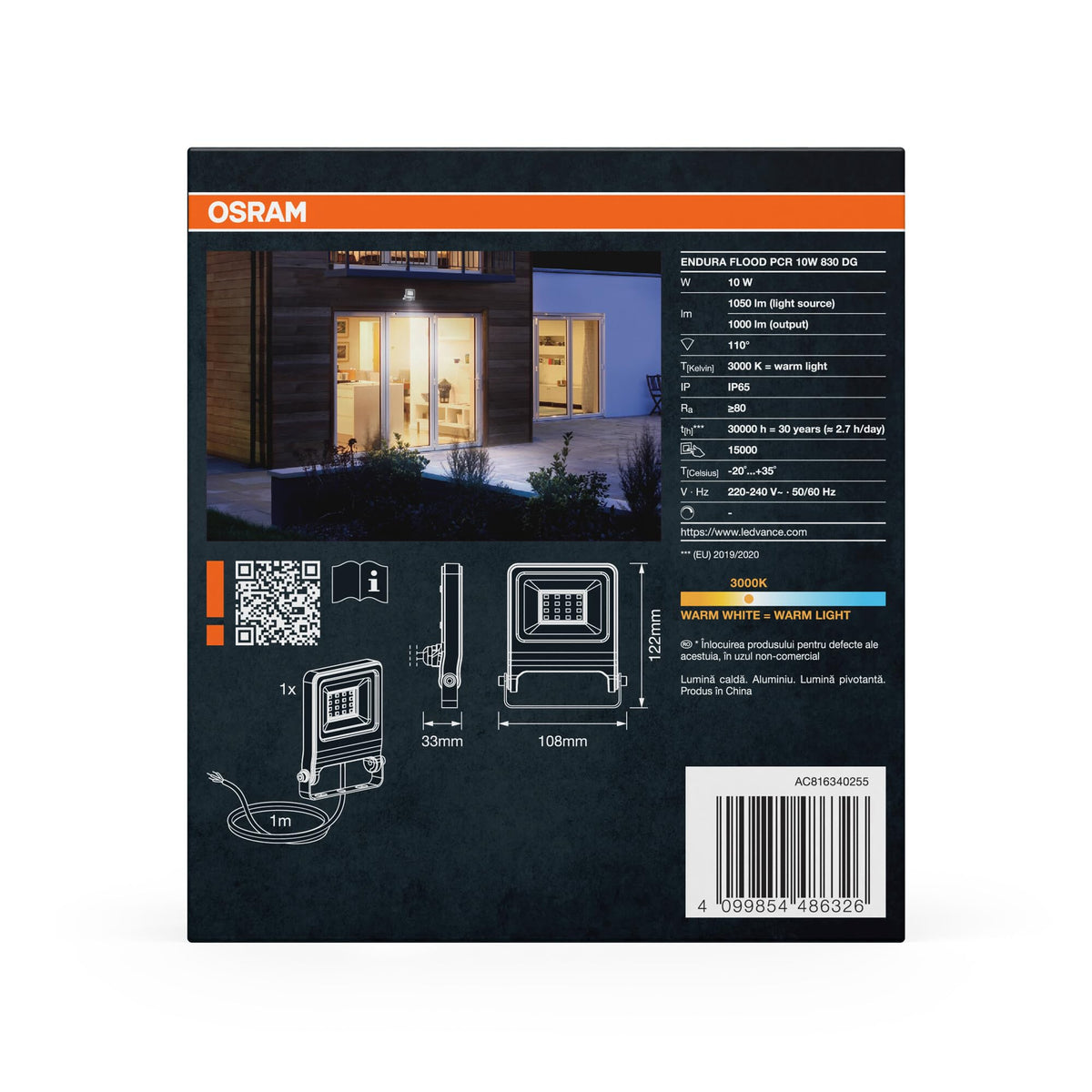 Osram ENDURA FLOOD PC 10W LED Floodlight, 3000K warm white, 1000 lumens, IP65 weatherproof floodlight, recycled aluminum, 110° angle, dark gray, 2-Pack - 4099854669491