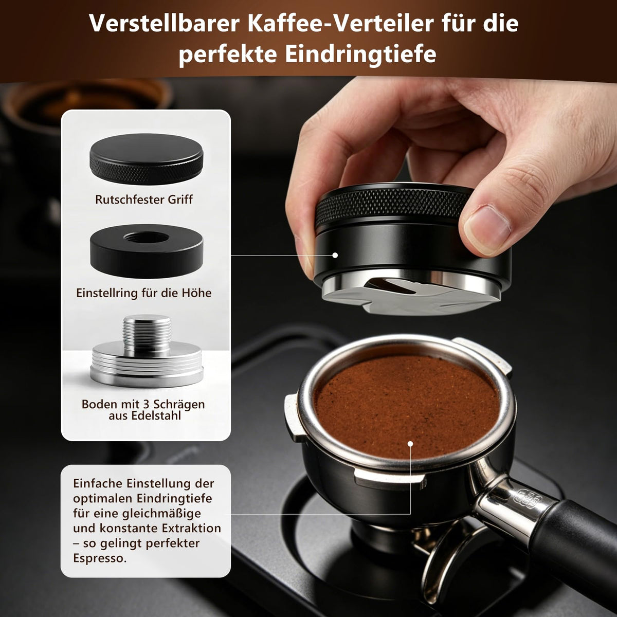 NPOIAUG Espresso Accessory Set 7-piece – WDT Tool, Tamper, Distributor, Dosing Ring & Tamper Station | Barista Set made of stainless steel for espresso machines | Step-by-step accessories for café (51mm) - ZQ-KFYF