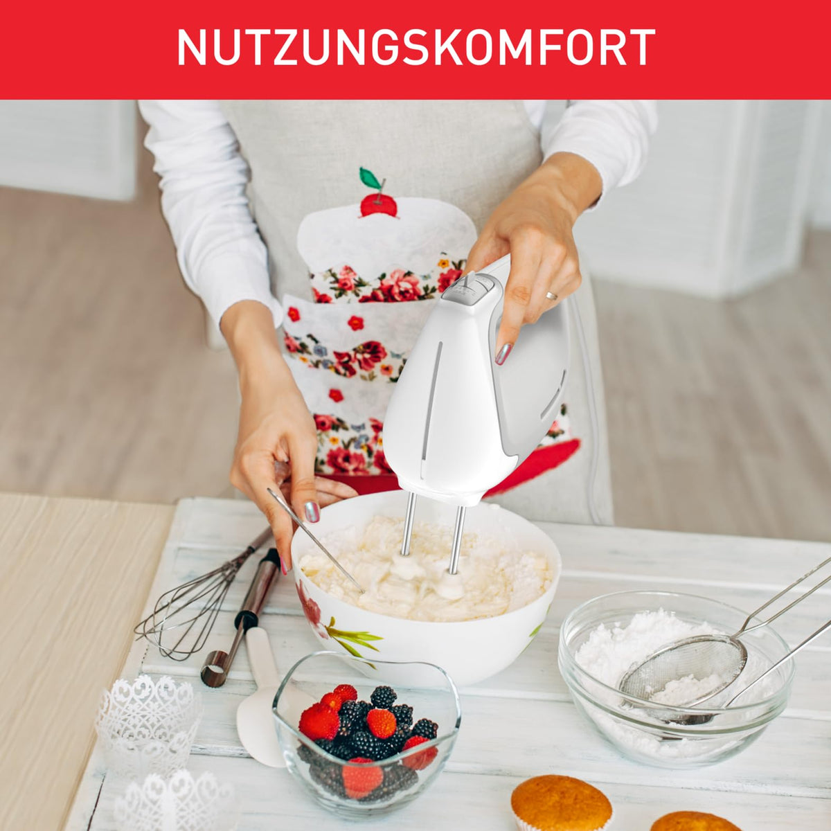Mixeur à main Tefal Prep'Mix, 450 W, appareil de mixage avec 5 vitesses, 2 fouets et 2 crochets pétrisseurs en acier inoxydable, design ergonomique, accessoires lavables au lave-vaisselle, HT450B