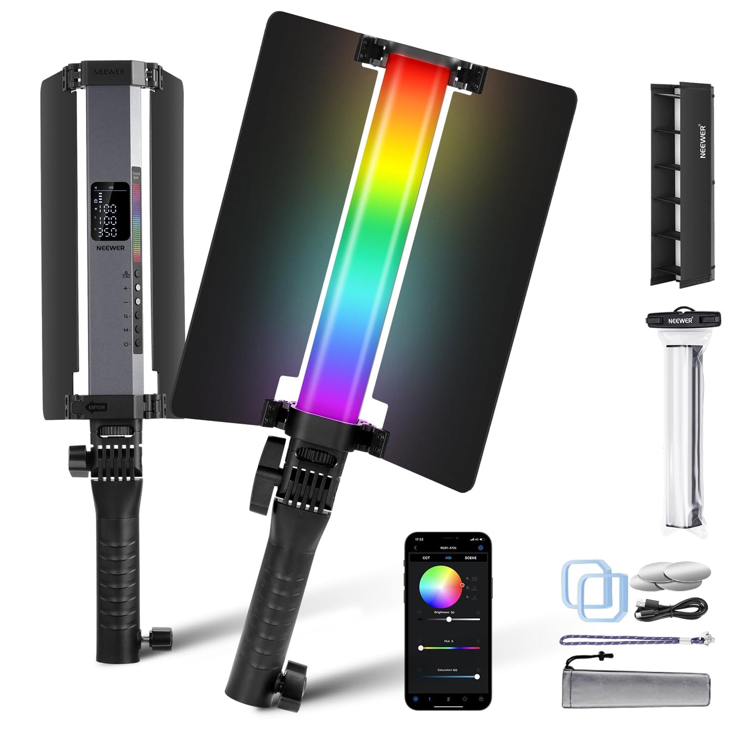 NEEWER RGB1 LED video light light stick with metal barndoor, touch bar/APP control, magnetic light stick RGB video light, 3200K-5600K CRI98+ dimmable handheld light stick with 6400mAh battery, 17 scenes