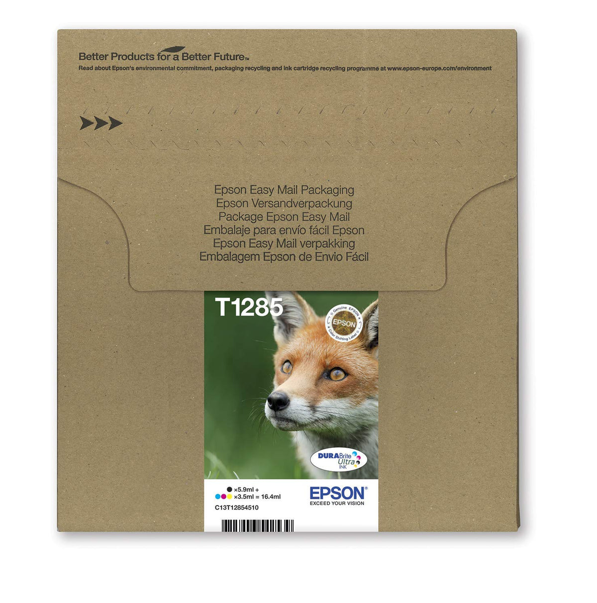 Epson Original Fuchs DURABrite T1282 Multipack EasyMail Ink Cartridge, reduced plastic packaging – 4 colors: Cartridges: Black, Cyan, Magenta, Yellow – 1 x 5.9 ml, 3 x 3.5 ml - C13T12854511