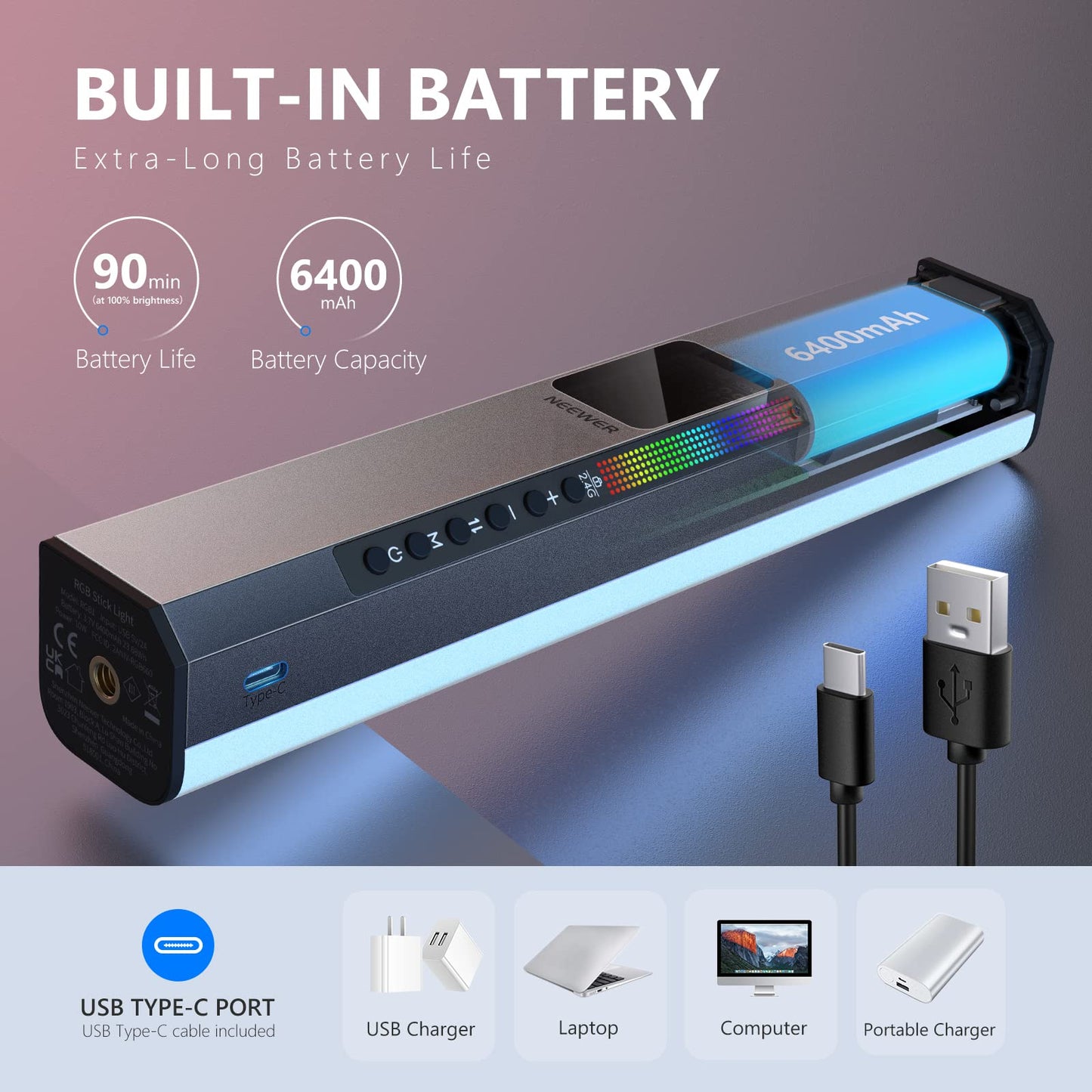 NEEWER LED video light RGB light stick, touch bar & APP control, magnetic RGB hand light stick, 3200K~5600K CRI98+ full-color LED light with 6400mAh battery, LED light stick with 17 scenes, RGB1 (silver)