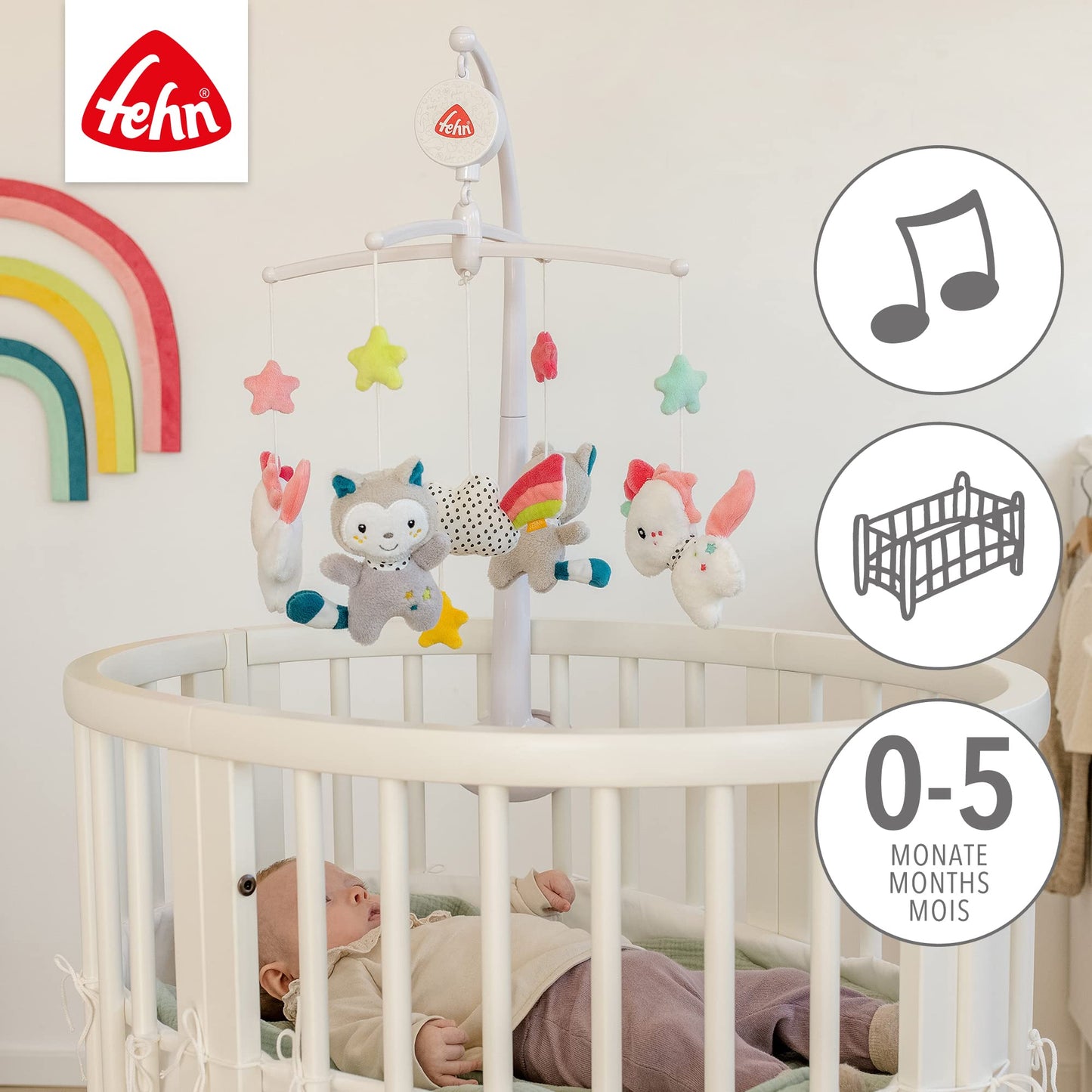 Fehn Music Mobile Aiko & Yuki - Baby Sleep Aid Musical Toy with Cute Animals, Baby Mobile Music Box Melody "Mozart's Lullaby" - Music Mobile Baby Bed Accessories Toy for Babies from 0-5 Months - 057027