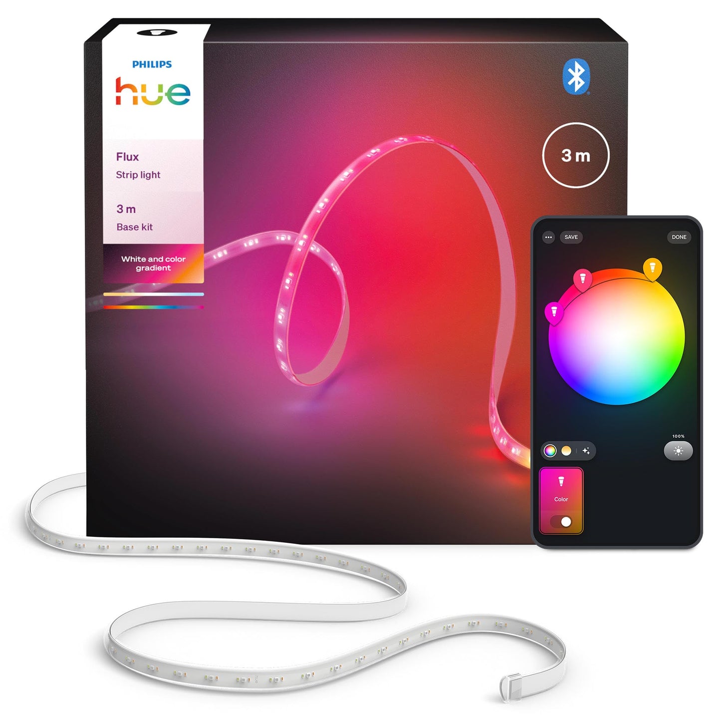 Philips Hue Flux 3m LED lightstrip, 1200 lm light strip, flexible interior lighting, Chromasync™ color mixing, RGBWWIC, LED strips can be cut to size, expandable, reusable, app and voice control - 929004610402