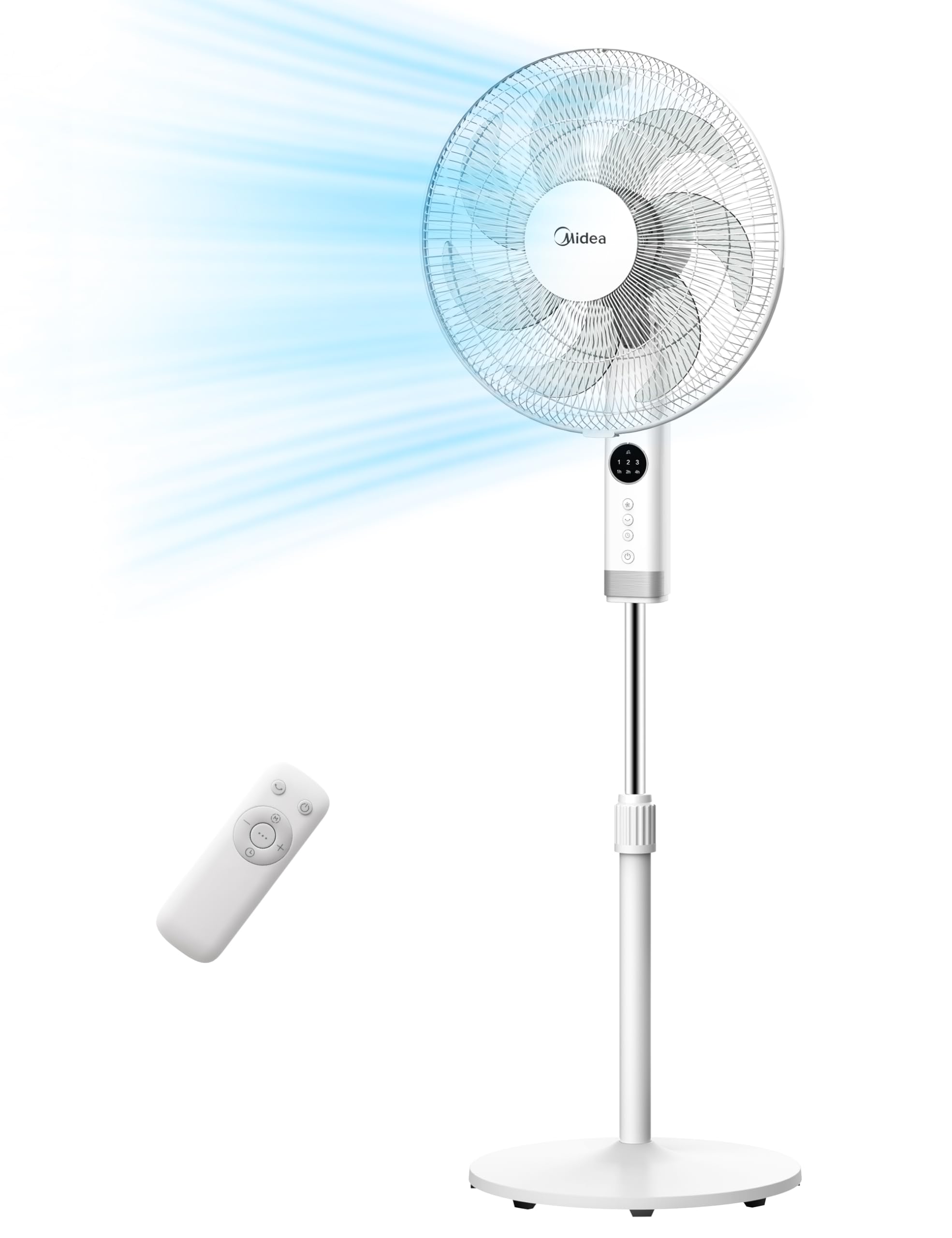 Midea FS40-23MR 3 speed pedestal fan, telescopic height and size, remote control, dual acceleration system, 90 degree swing left and right - MFS400R0APW