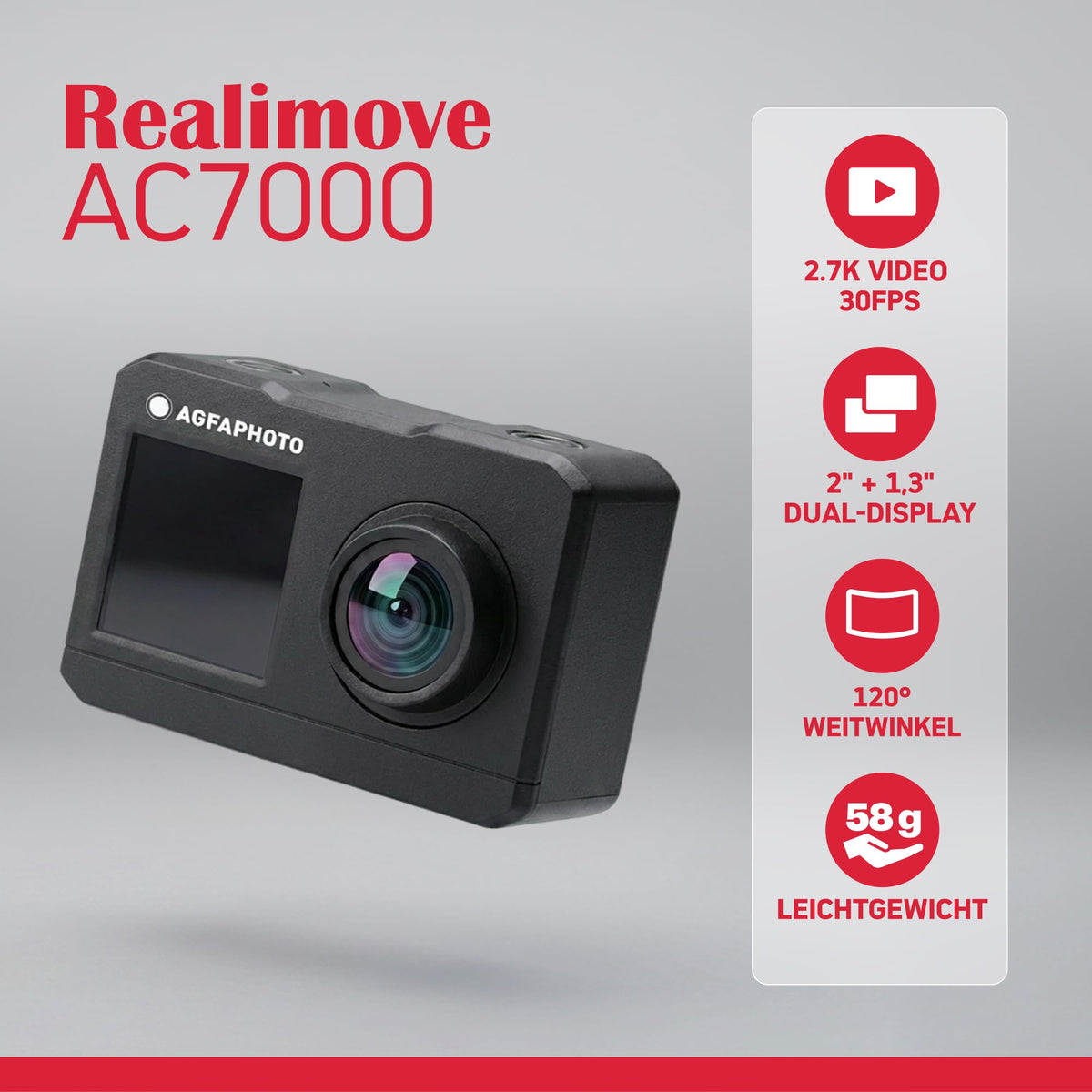 AgfaPhoto - Cameră sport - AC7000 - True 2.7K 30FPS, Ecran tactil dublu, Unghi larg de 120°, Carcasă rezistentă la apă până la 30m - WiFi - 10 accesorii incluse