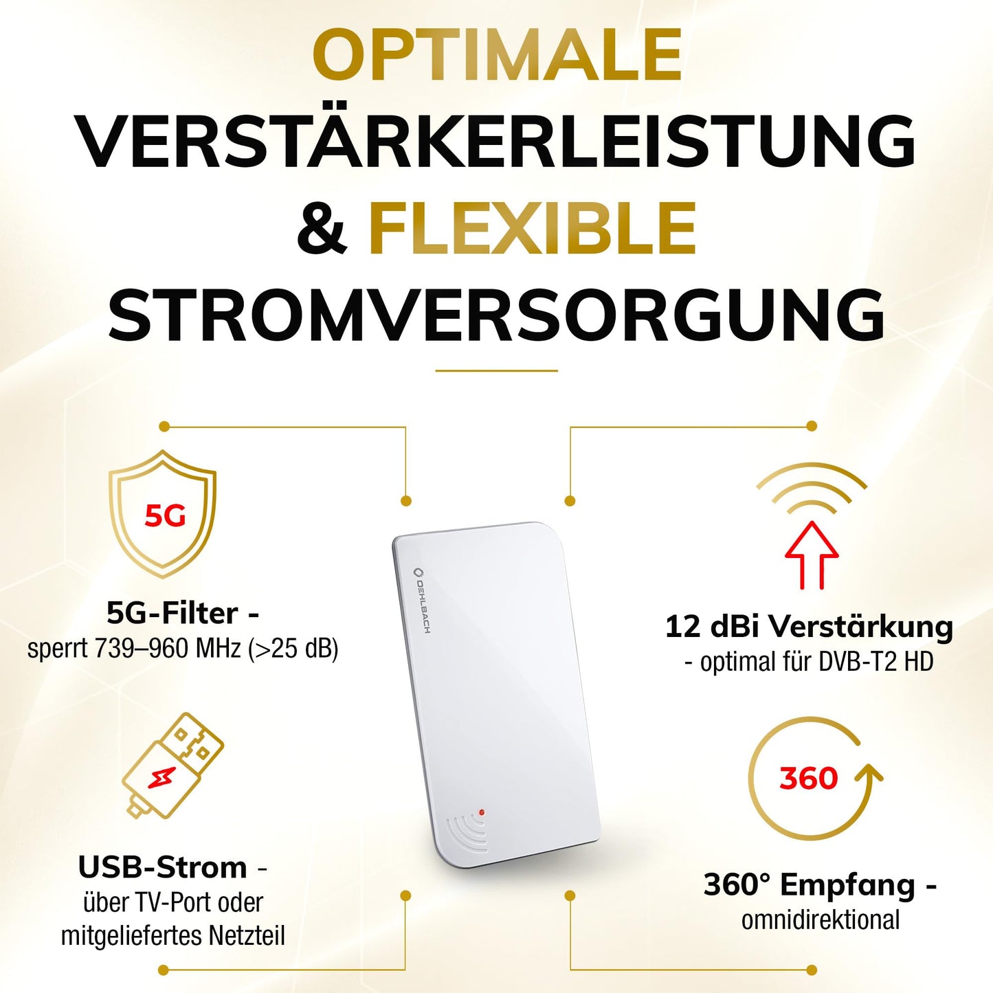 Oehlbach Scope Vision 5G DVB-T2 HD antenna - digital indoor antenna - active DVB-T amplifier - successor to our test winner - with 5G filter - white - 17235