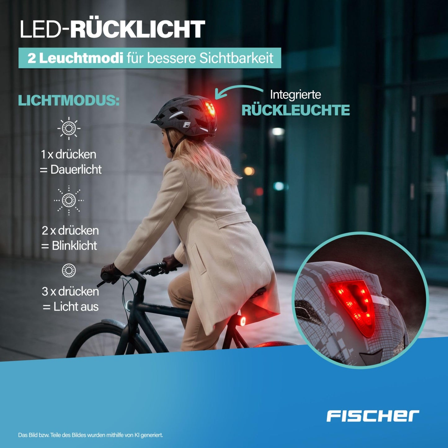 Fischer adult bicycle helmet, cycling helmet, city helmet Urban Plus Brooklyn, L/XL, 58-61cm, blue, with integrated LED rear light - 50450