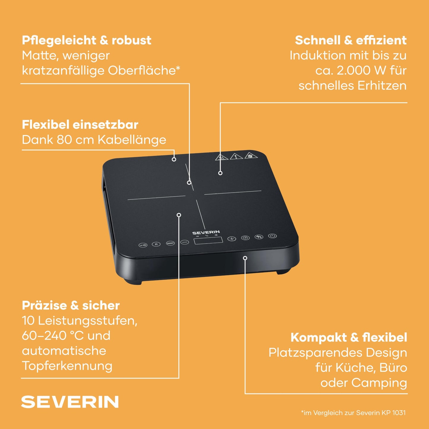SEVERIN induction hob, 1 plate, 10 power levels, temperature range 60-240°C, touch display, Ø 22cm, matt hob, with glass ceramic hob, pot detection, black, 2,000 W, KP 1026