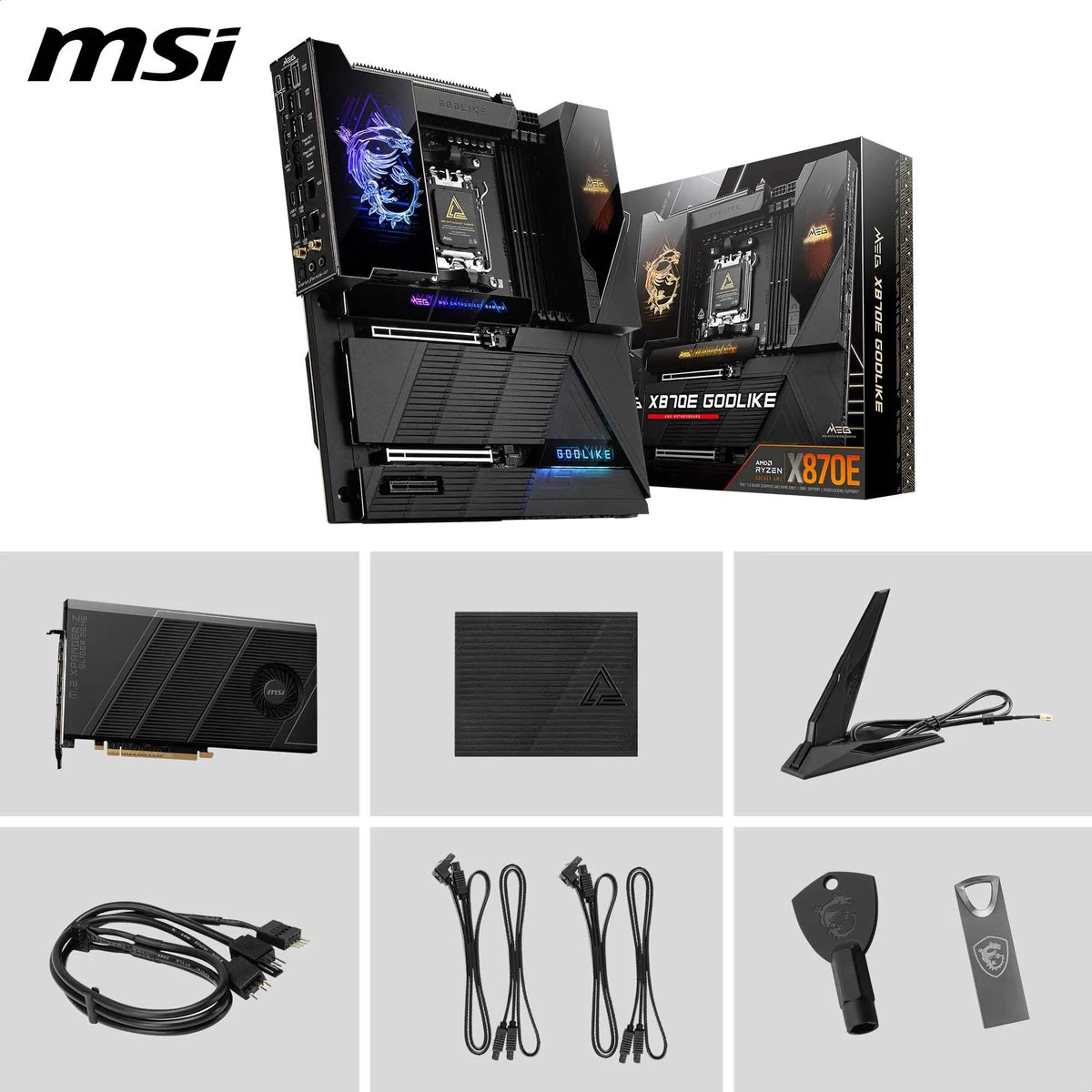 MSI MEG X870E GODLIKE, E-ATX - Supports AMD Ryzen 9000/8000/7000 processors, AM5 - Dynamic Dashboard III, 110A SPS, DDR5 memory (9000+ MT/s OC), M.2 & PCIe 5.0, USB4, Wi-Fi 7, 10G LAN - 7E48-001R