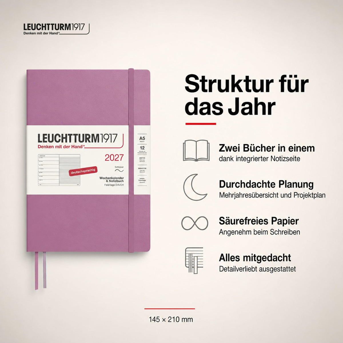 LEUCHTTURM1917 Calendar săptămânal 2027 Mediu (A5) cu caiet - Planificator de întâlniri german, Trandafir praf, Copertă moale, ianuarie-decembrie 2027, Prezentare generală săptămânală în stânga + Pagina de note în dreapta - 400066
