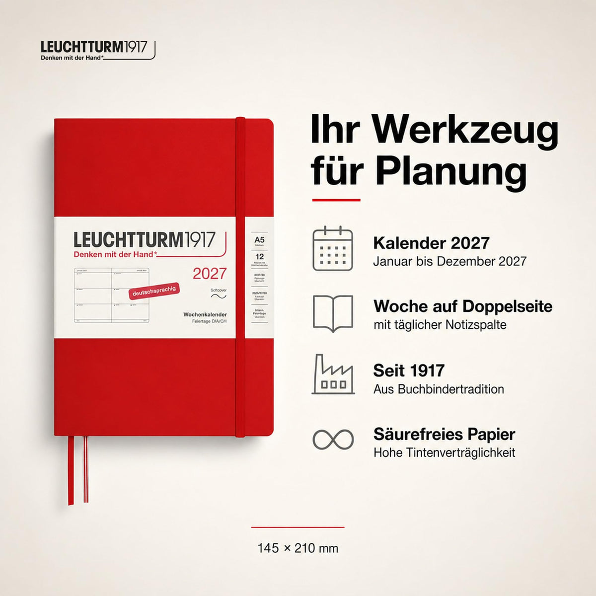 LEUCHTTURM1917 Calendar săptămânal 2027 Mediu (A5) - Germană, Cireș, Copertă moale, 145 x 210 mm, 12 luni - ianuarie-decembrie 2027, 1 săptămână pe pagină dublă, hârtie de 80 g/m² cu compatibilitate ridicată cu cerneală - 400128