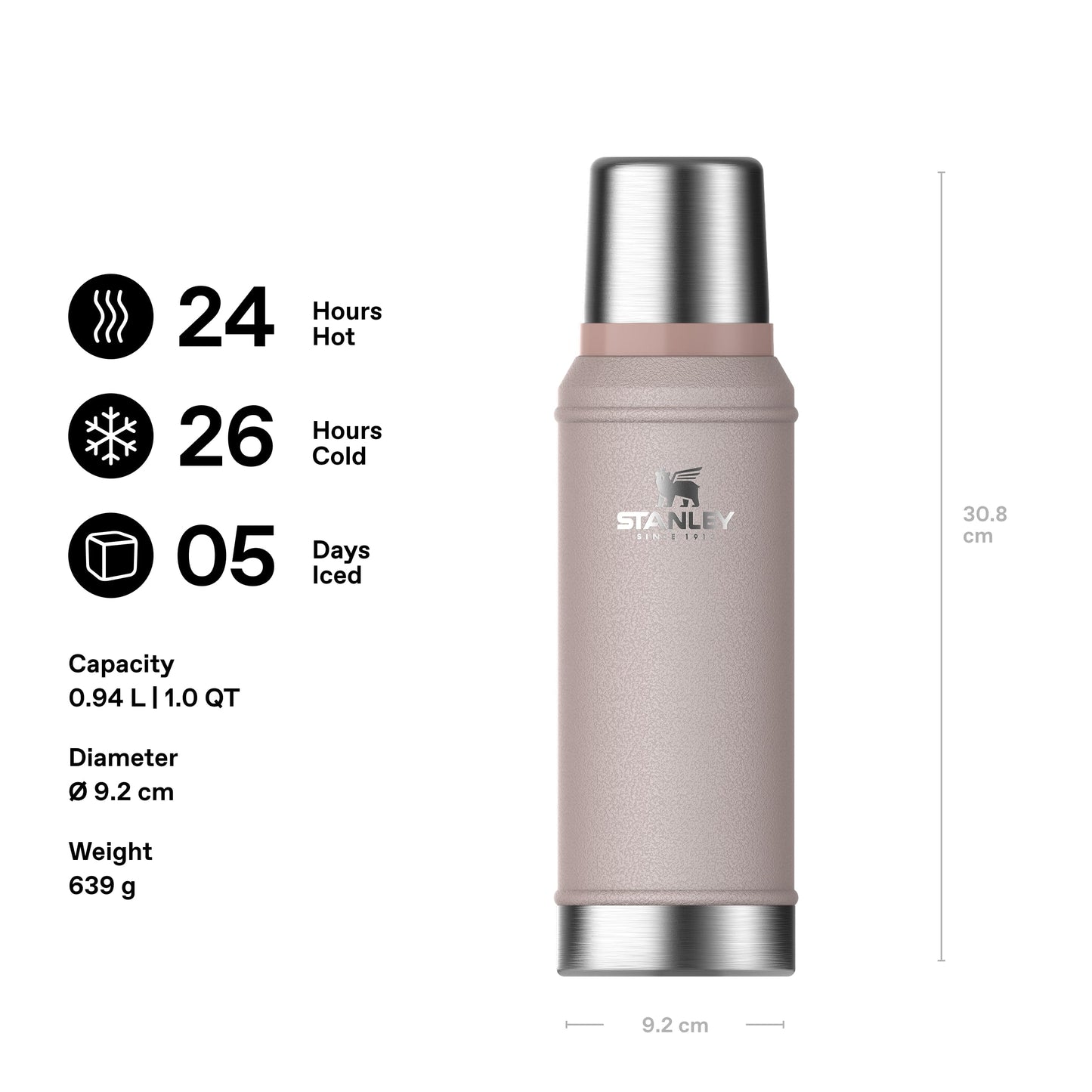 Stanley 1913 Classic Legendary Thermos Flask 0.94L - Keeps Hot or Cold for 24 Hours - Dishwasher Safe - Lid Serves as a Mug - Vacuum Flask BPA Free - Stainless Steel Thermos Flask - Rose Quartz - 100000117255