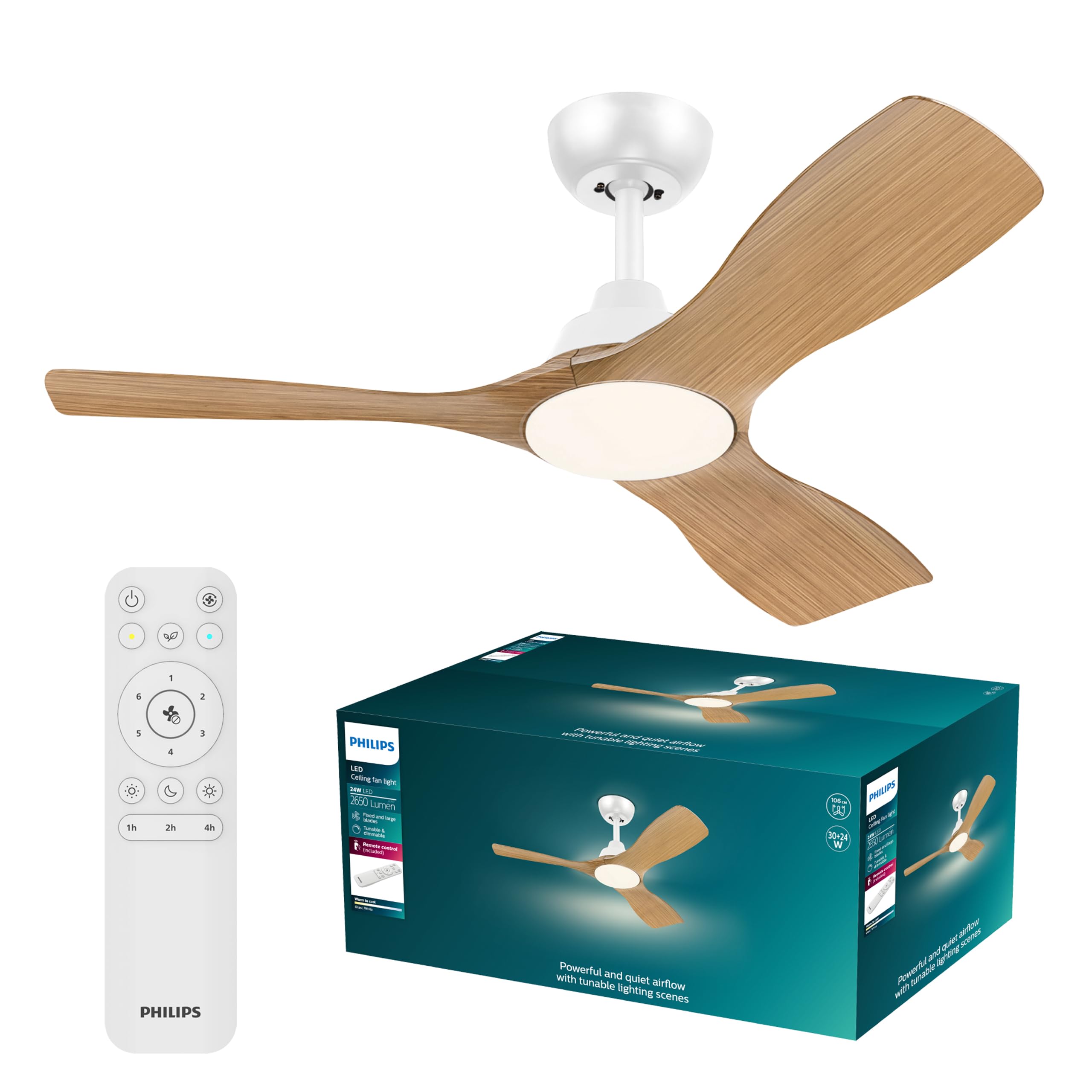 PHILIPS Olas ceiling fan with LED light, 3 blades, 106 cm diameter, 2650 lumens, adjustable white light from 3000 K to 6500 K, dimmable to 5%, including remote control, white/wood, modern - 929004750501