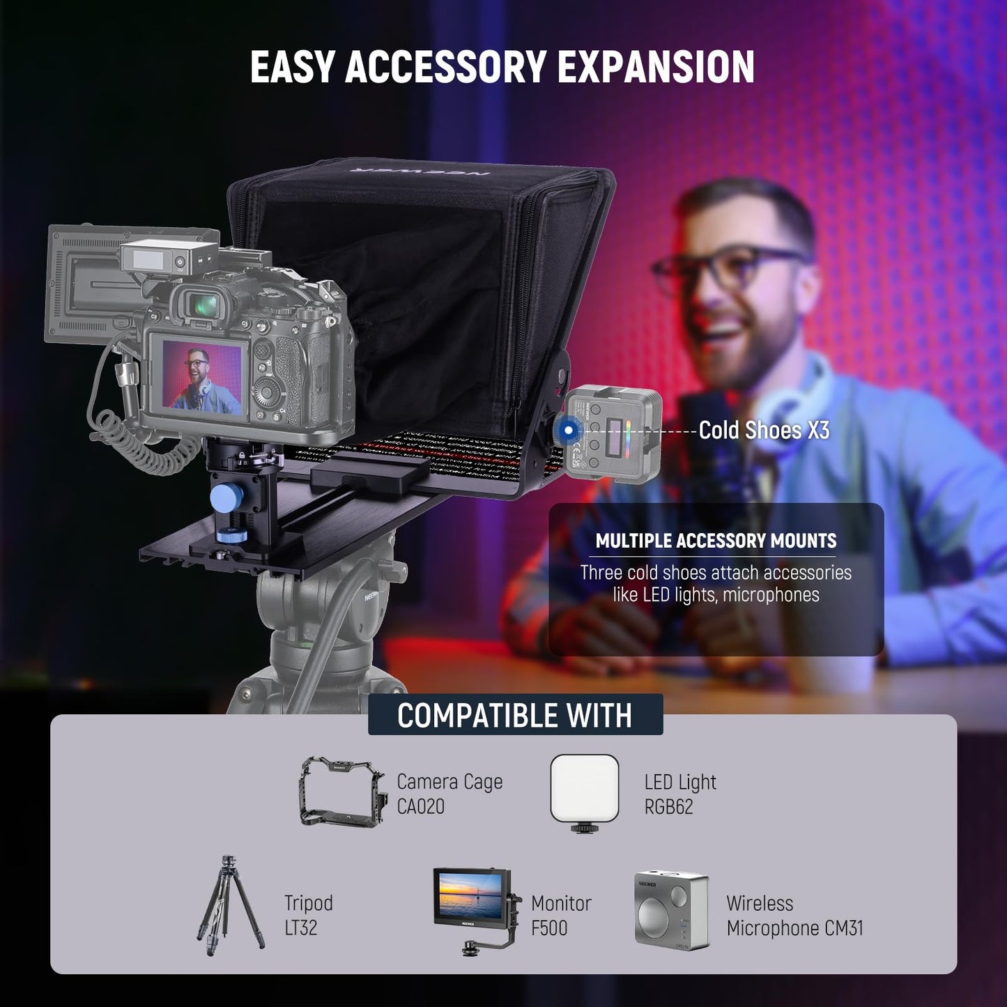 NEEWER teleprompter with Arca type camera holder, Cold Shoes, RT113 remote control for the NEEWER Prompter app online teaching/vlogger/live streaming prompter compatible with iPad Tablet X12II