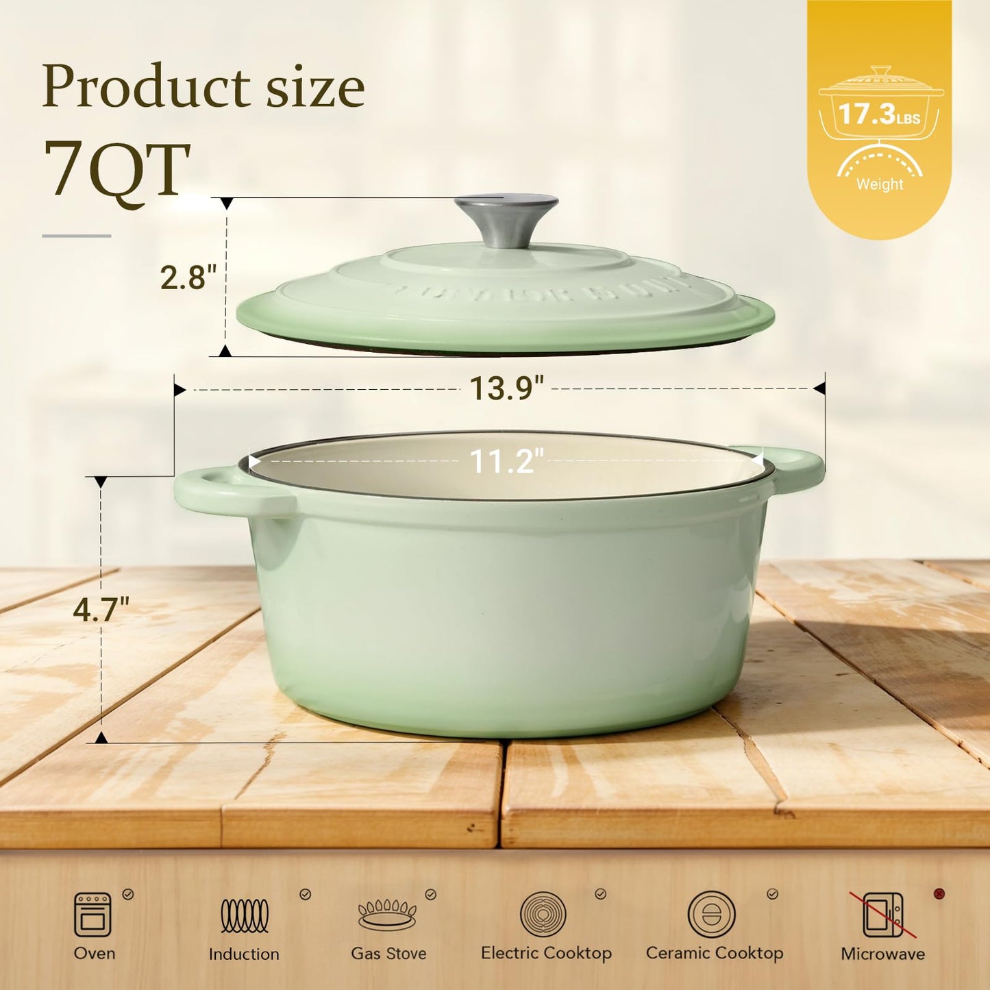 Overmont roasting pan enamel cast iron pot - casserole dish 28cm oven-safe - with lid and cookbook - for kitchen baking stewing roasting pastel green - 28CM-Enamel-Bean
